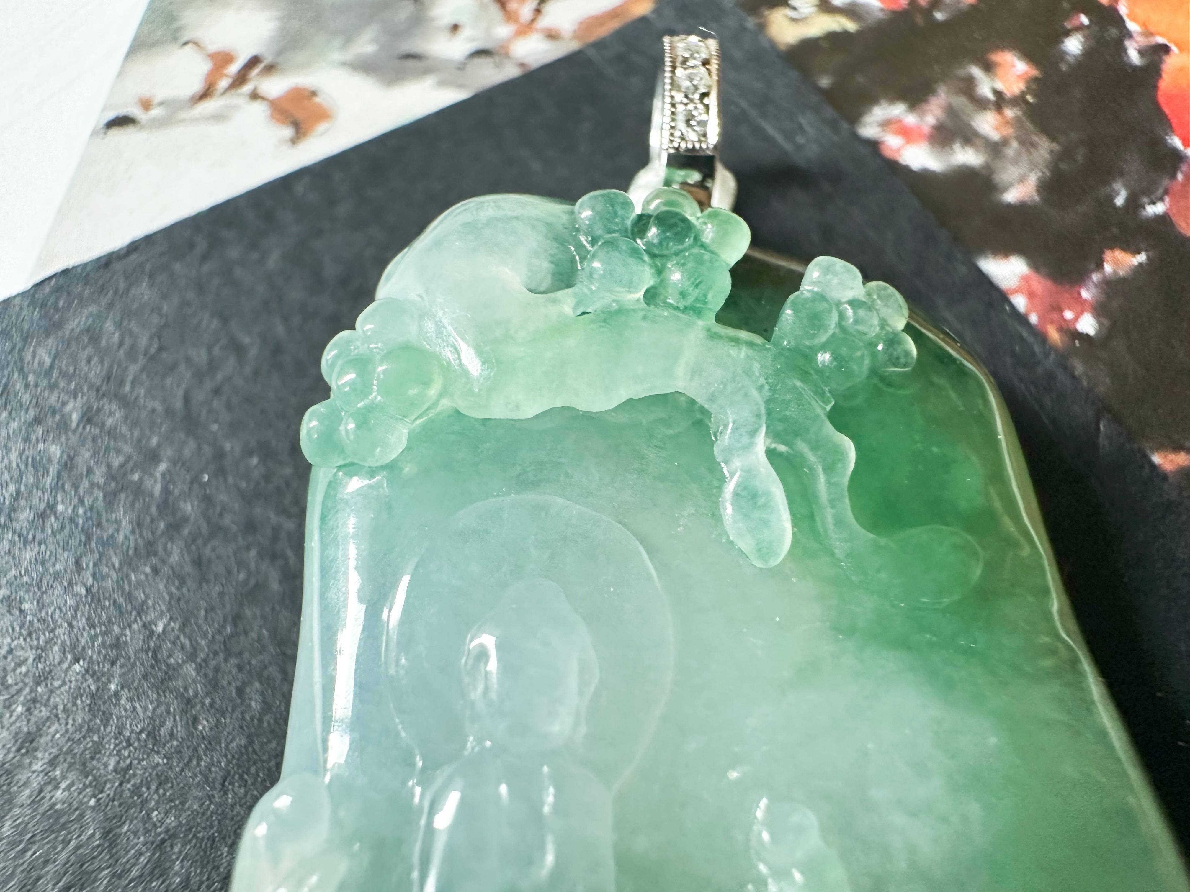 Ciondolo di giada naturale del Myanmar di tipo Icy Bodhi Tree con cappa di diamanti in oro 18 carati in vendita 3