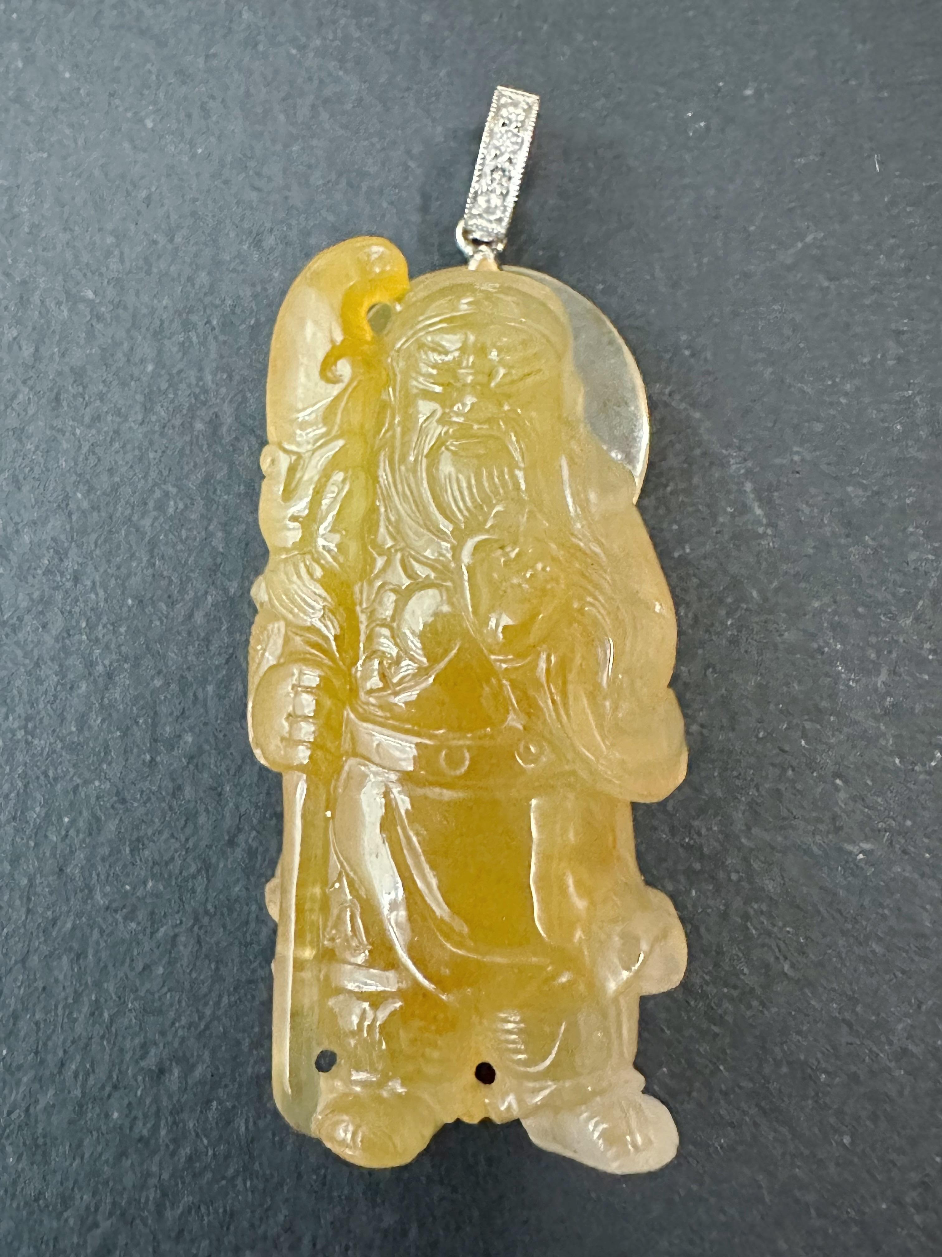 Medieval Natural Myanmar Icy Type Jadeite Guan Gong Guan Yu Pendant, God of Righteous For Sale