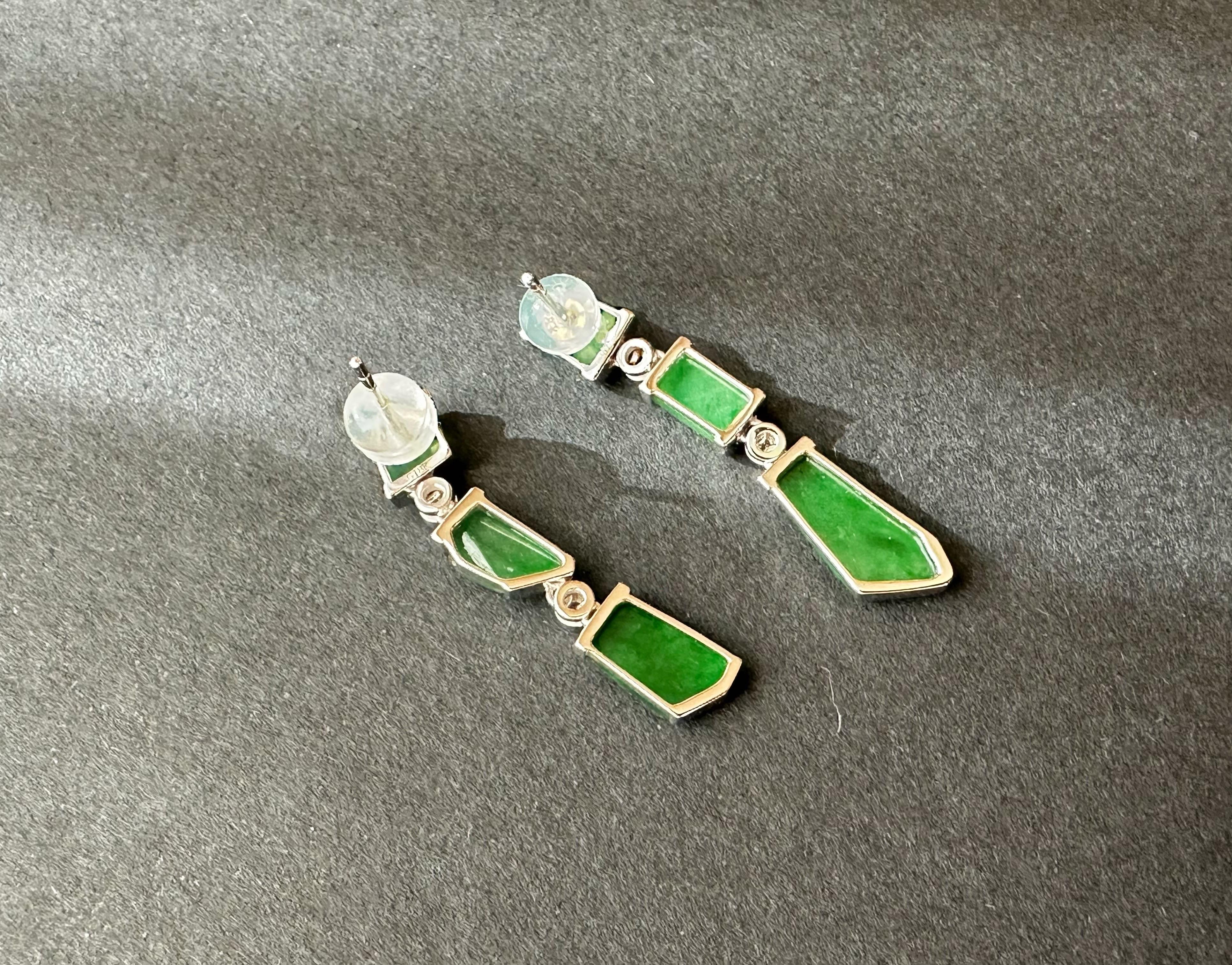 Natural Myanmar Icy Type Vivid Green Asymmetric Jade Earrings in 18K White Gold For Sale 8
