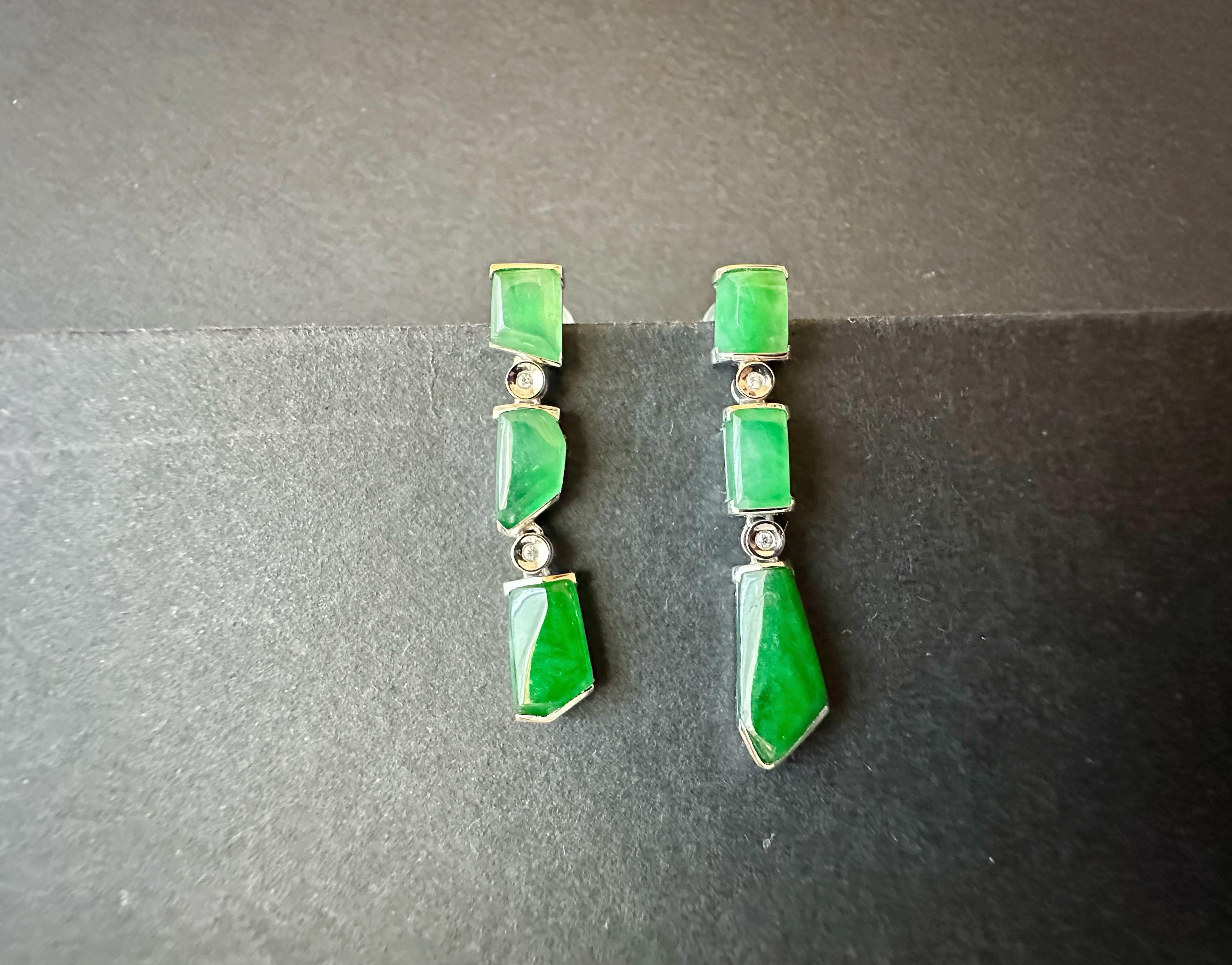 Art Deco Natural Myanmar Icy Type Vivid Green Asymmetric Jade Earrings in 18K White Gold For Sale