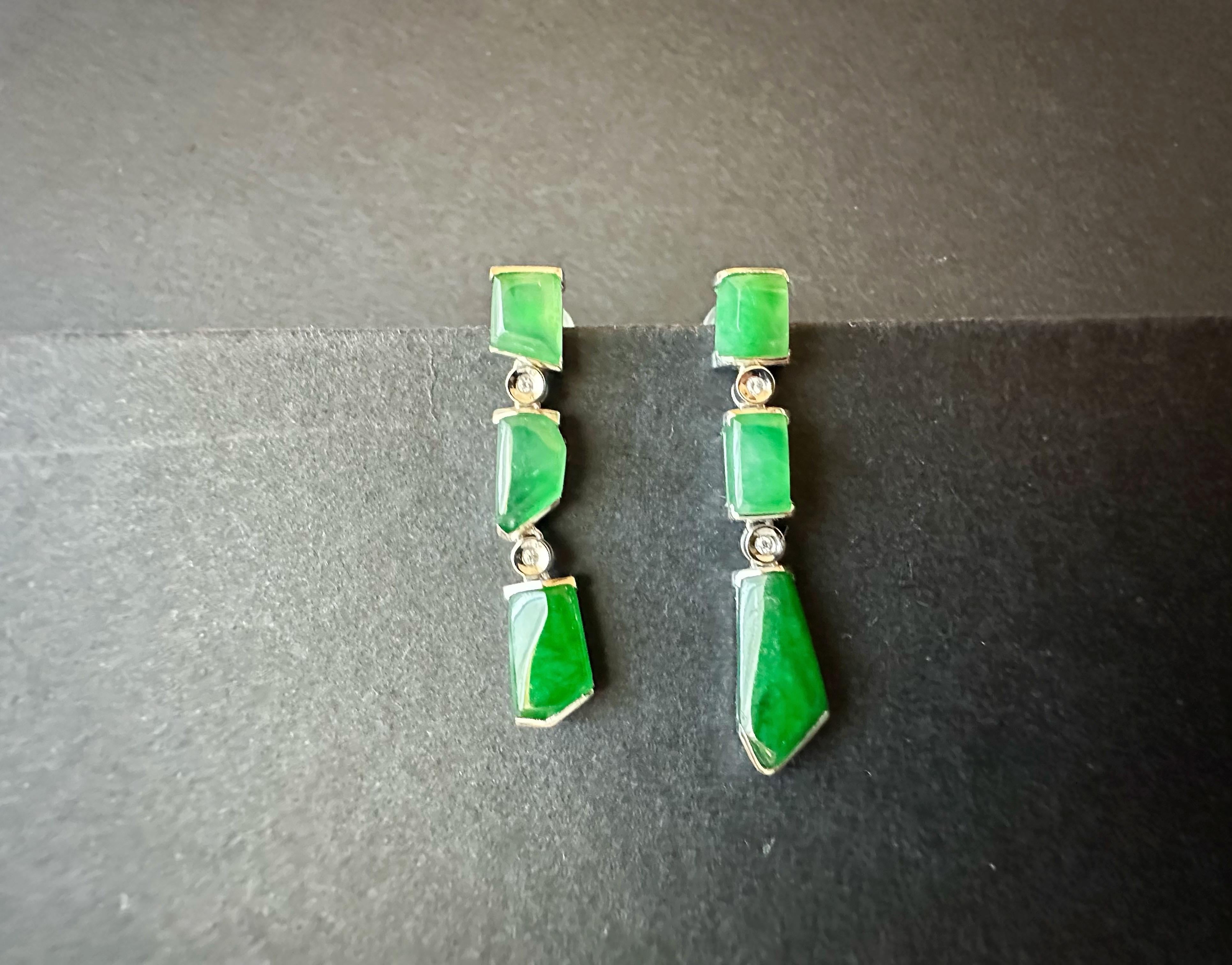 Mixed Cut Natural Myanmar Icy Type Vivid Green Asymmetric Jade Earrings in 18K White Gold For Sale