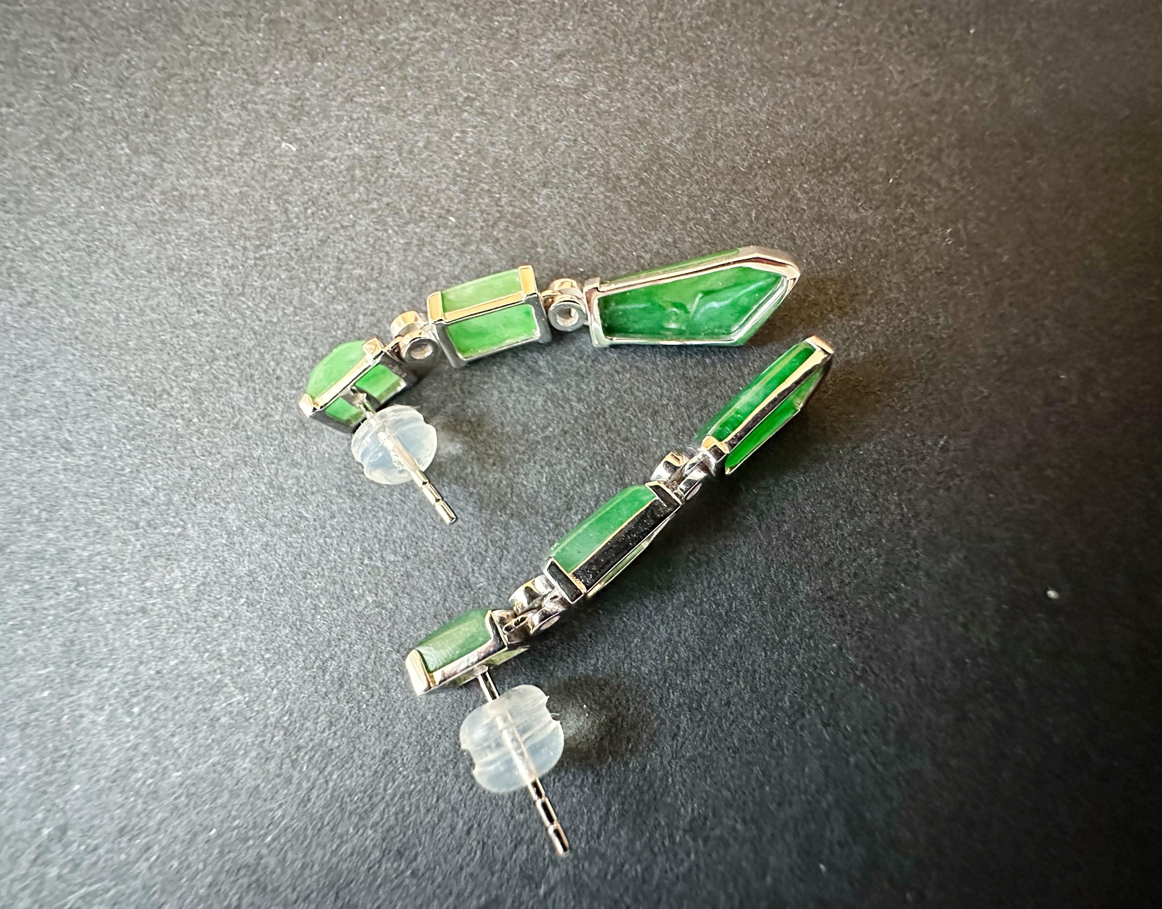 Natural Myanmar Icy Type Vivid Green Asymmetric Jade Earrings in 18K White Gold For Sale 3