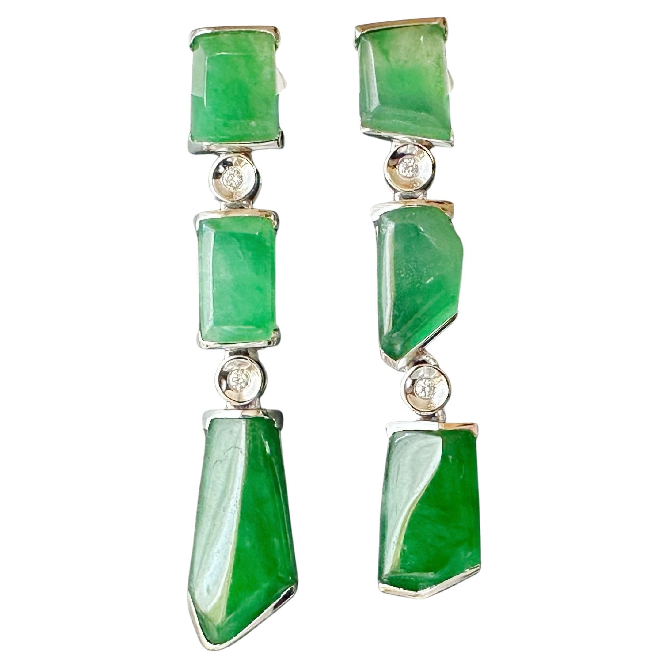 Natural Myanmar Icy Type Vivid Green Asymmetric Jade Earrings in 18K White Gold