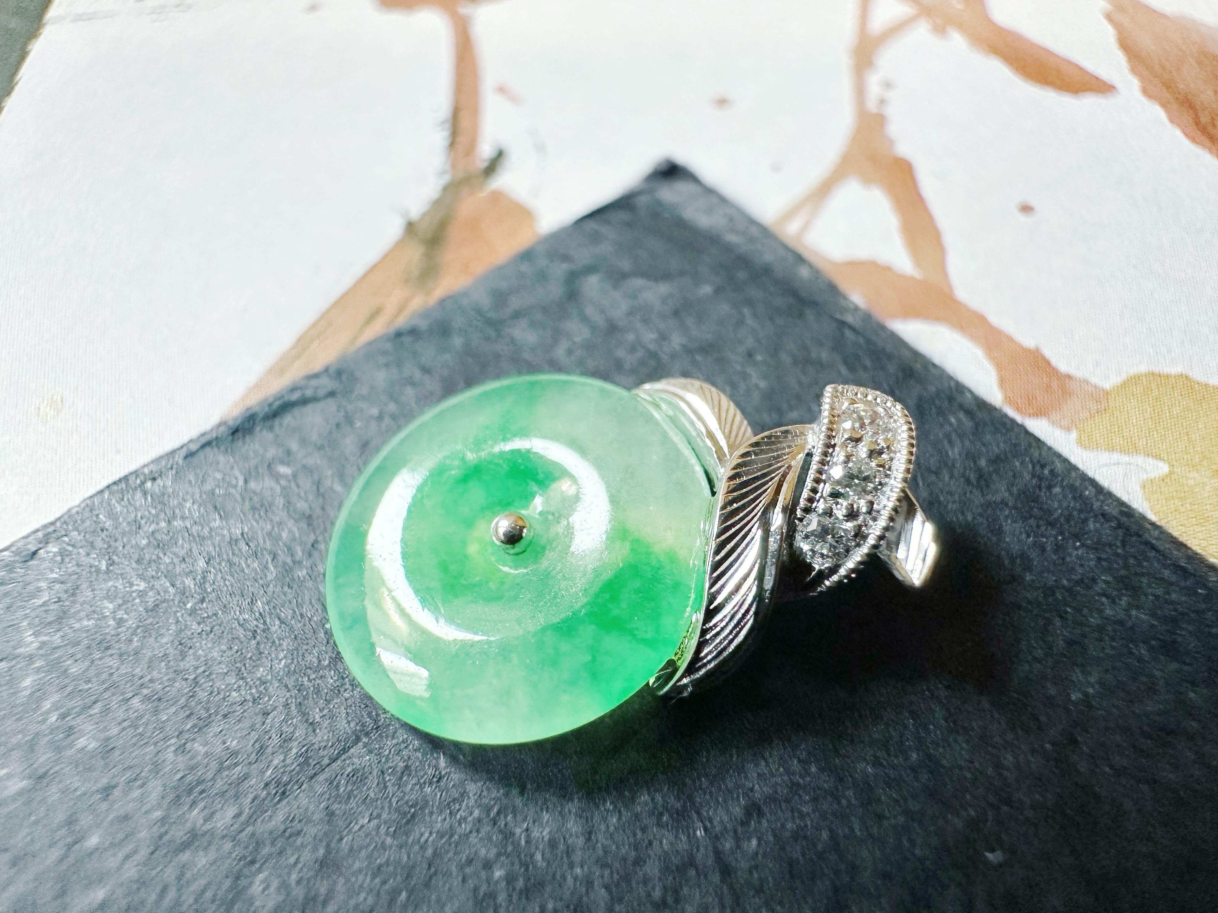 Natural Myanmar Icy Type Vivid Green Donut Jade Pendant in 18K Gold & Diamond For Sale 6