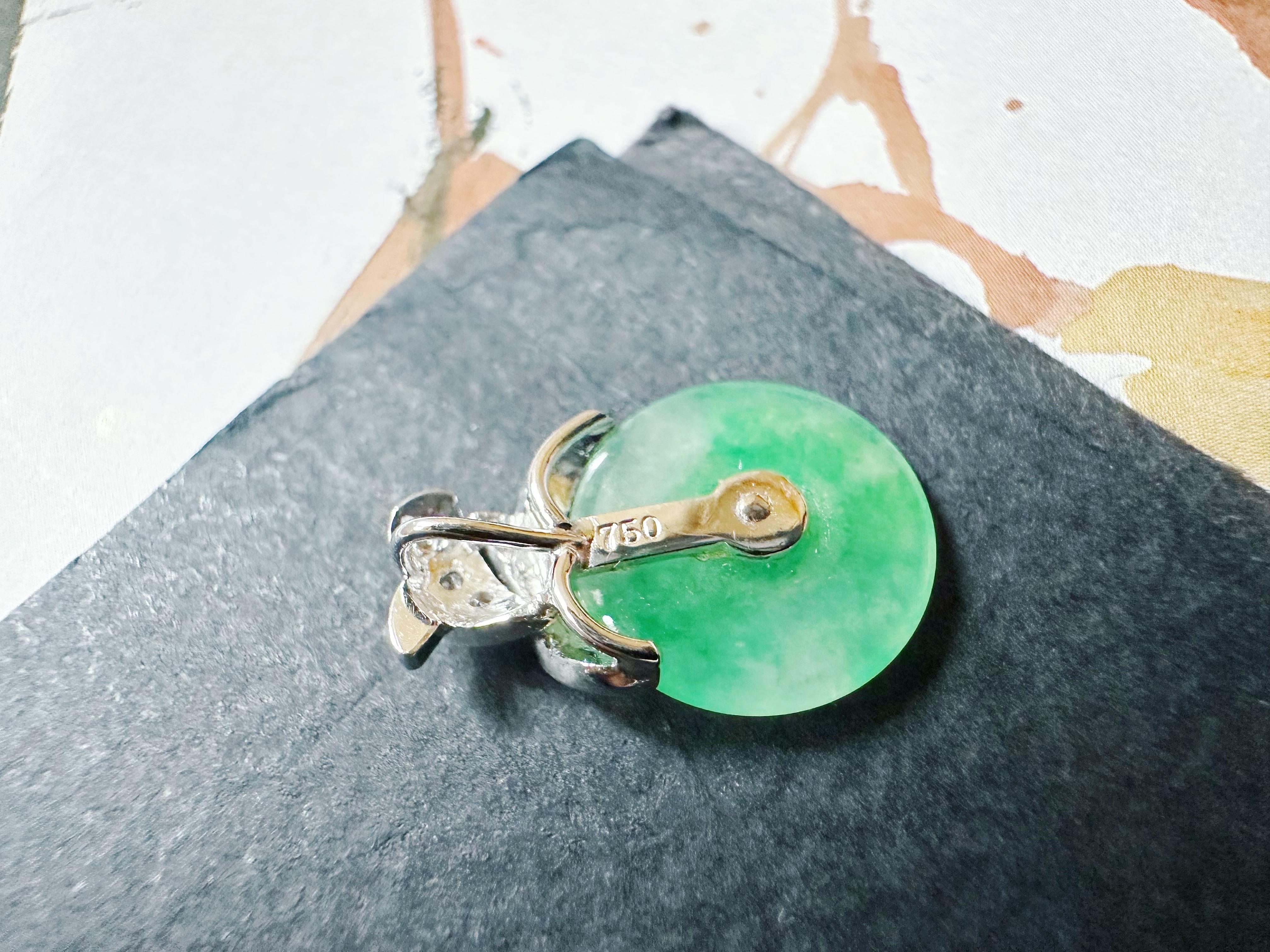 Natural Myanmar Icy Type Vivid Green Donut Jade Pendant in 18K Gold & Diamond For Sale 8