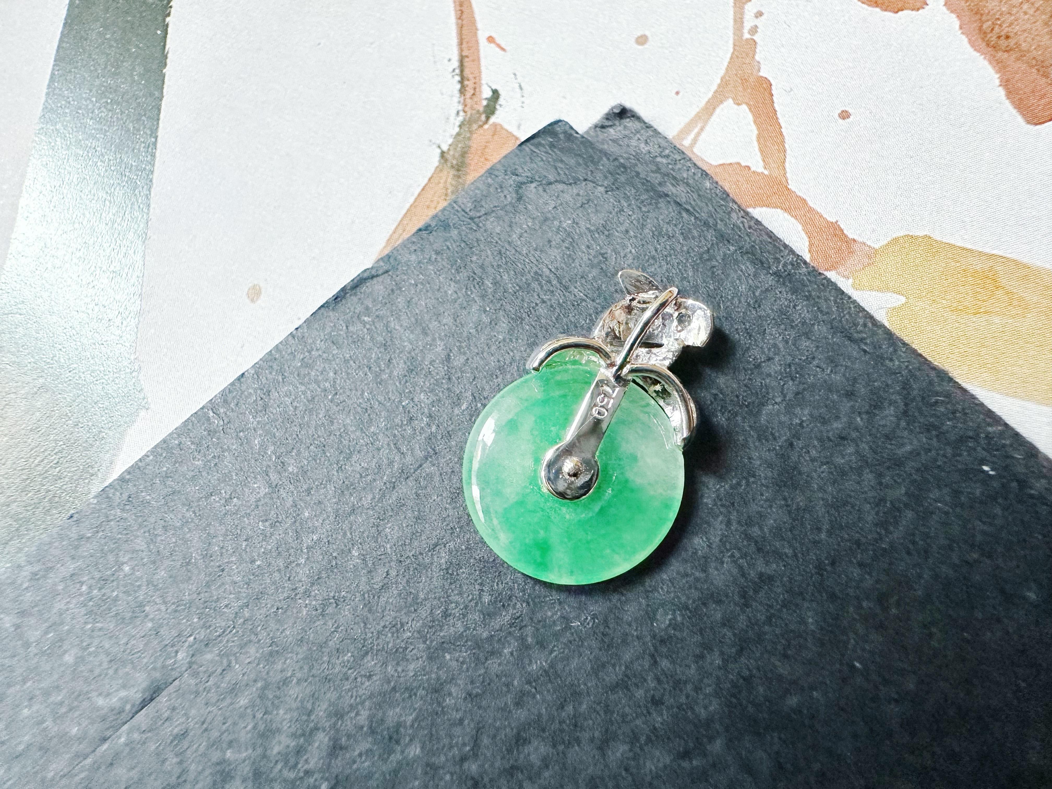Natural Myanmar Icy Type Vivid Green Donut Jade Pendant in 18K Gold & Diamond For Sale 9
