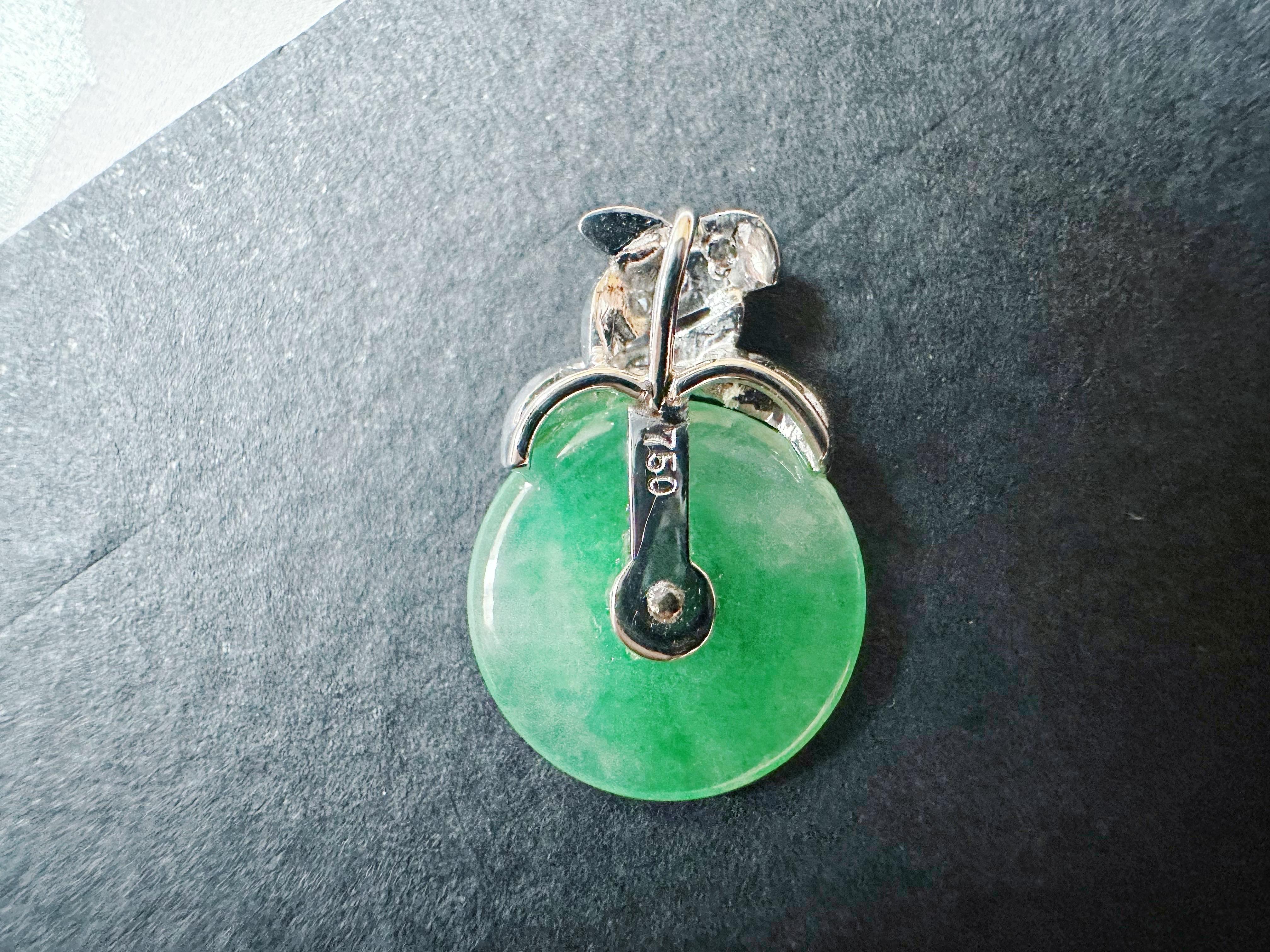 Natural Myanmar Icy Type Vivid Green Donut Jade Pendant in 18K Gold & Diamond For Sale 10