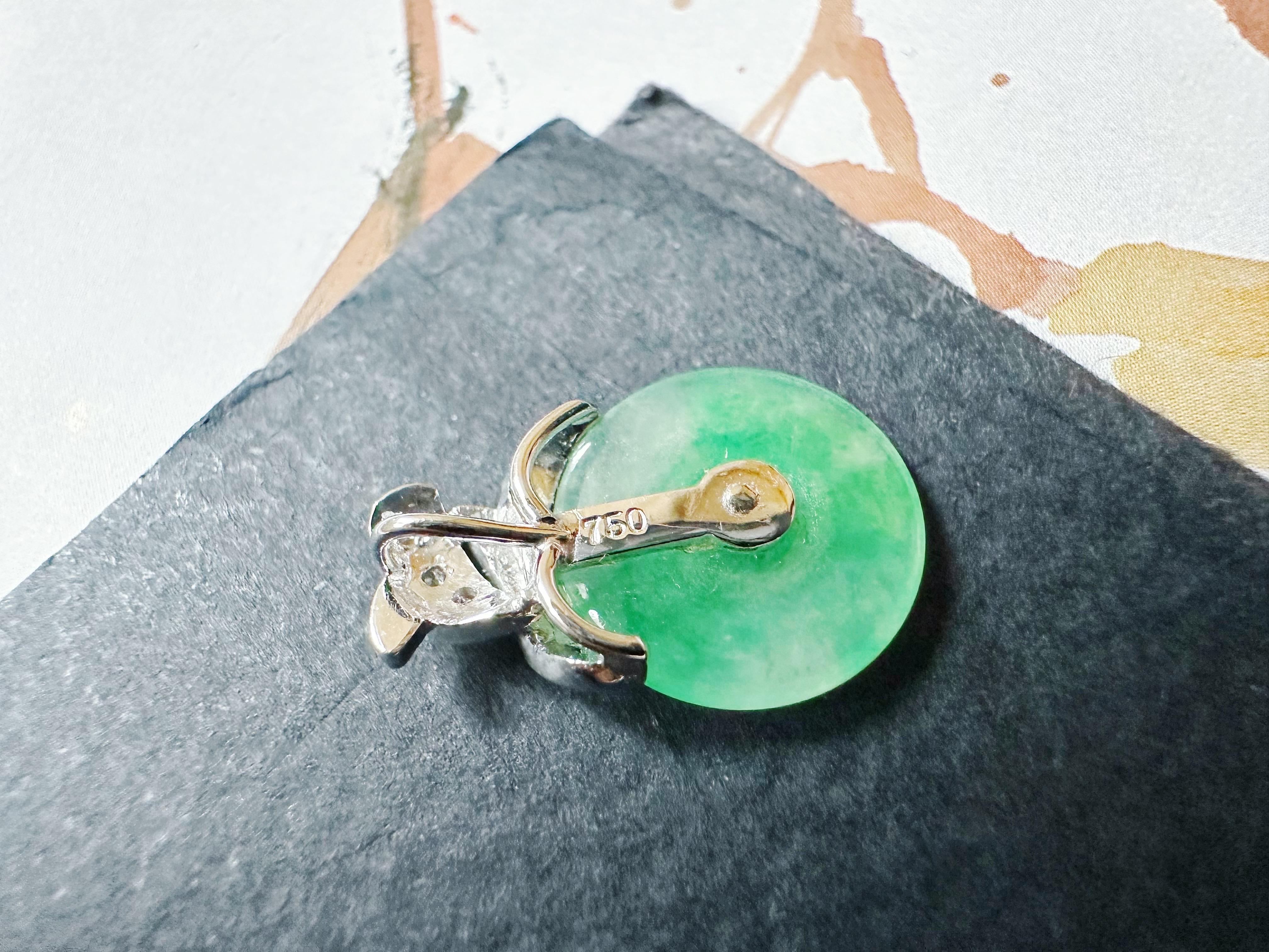 Natural Myanmar Icy Type Vivid Green Donut Jade Pendant in 18K Gold & Diamond For Sale 11