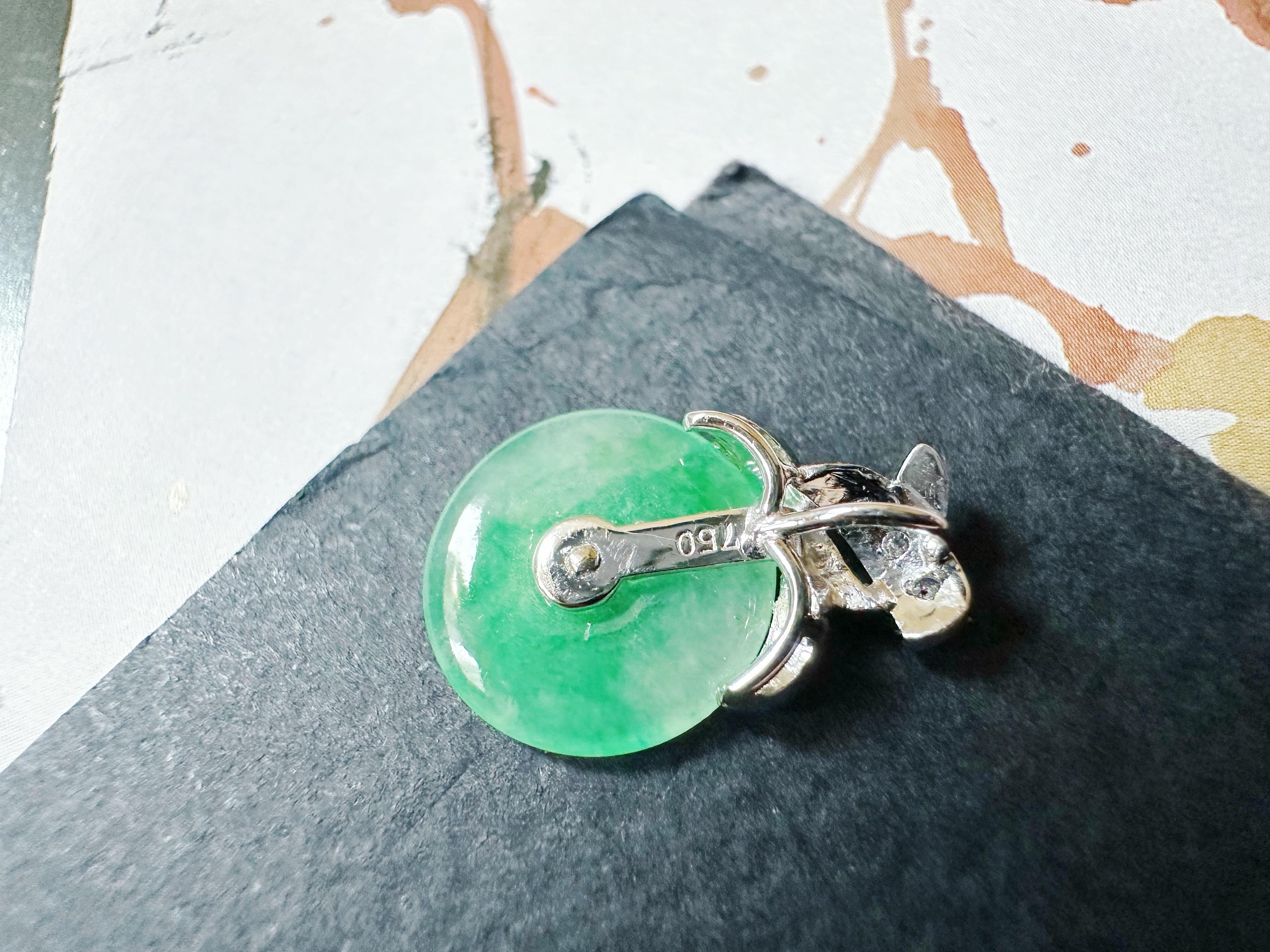 Natural Myanmar Icy Type Vivid Green Donut Jade Pendant in 18K Gold & Diamond For Sale 12