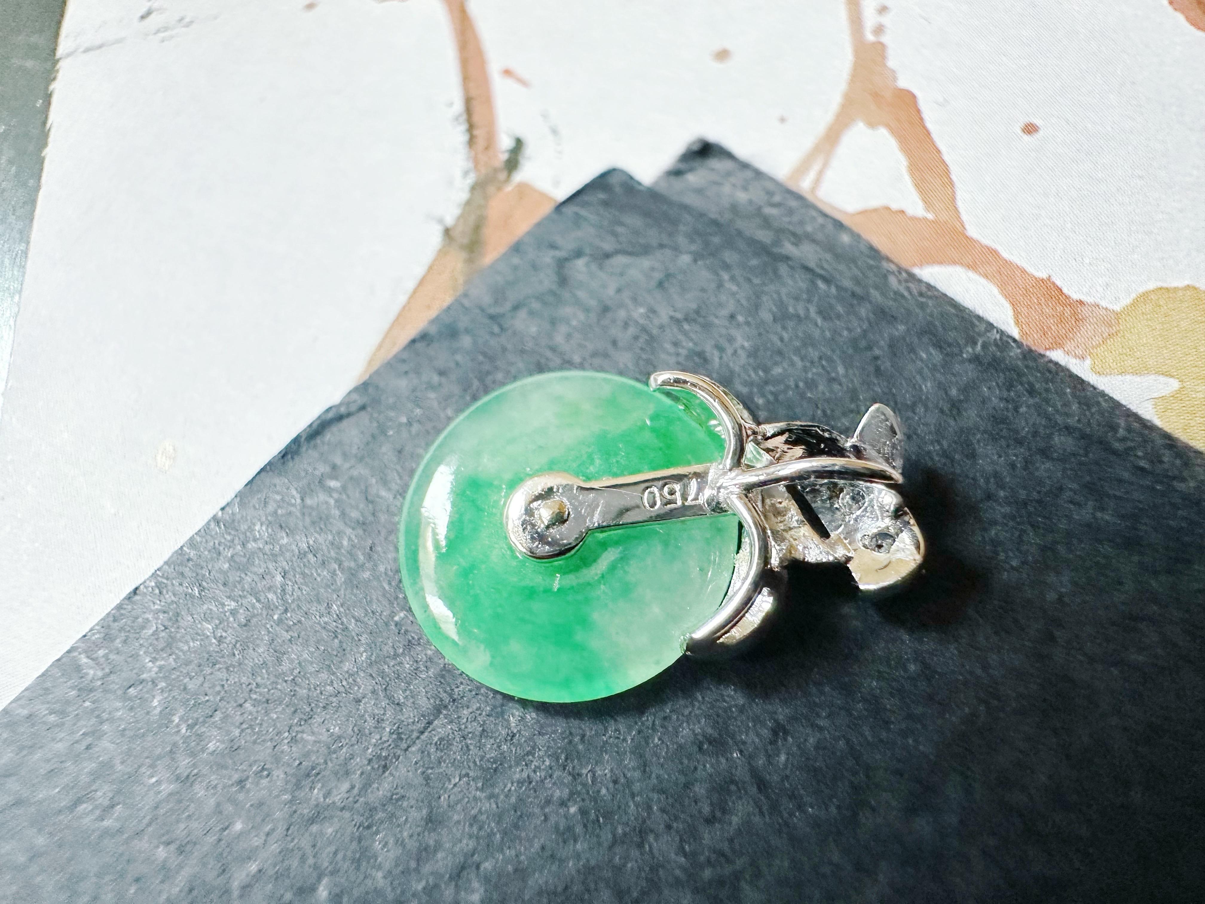 Natural Myanmar Icy Type Vivid Green Donut Jade Pendant in 18K Gold & Diamond For Sale 13