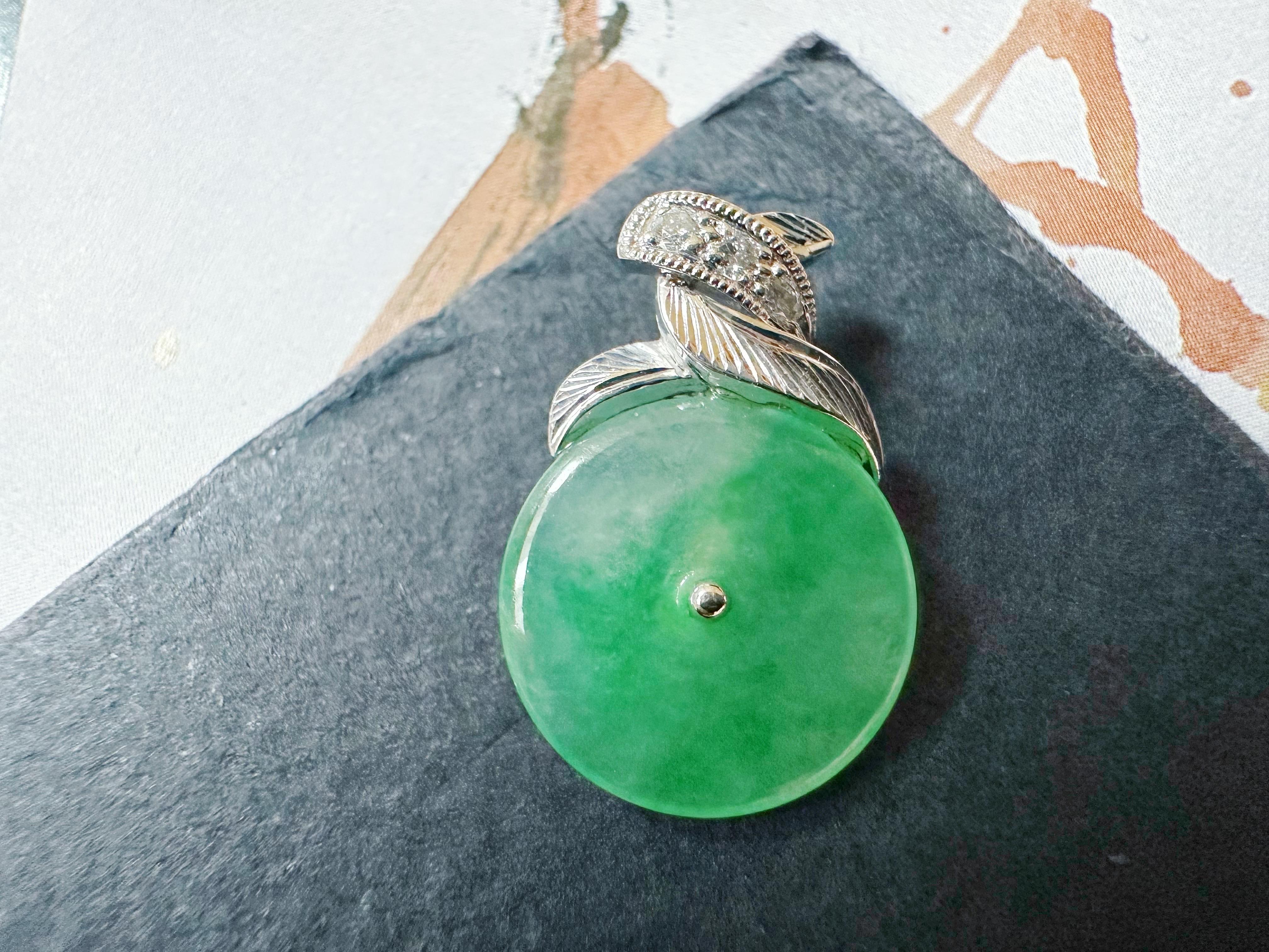 Art Deco Natural Myanmar Icy Type Vivid Green Donut Jade Pendant in 18K Gold & Diamond For Sale
