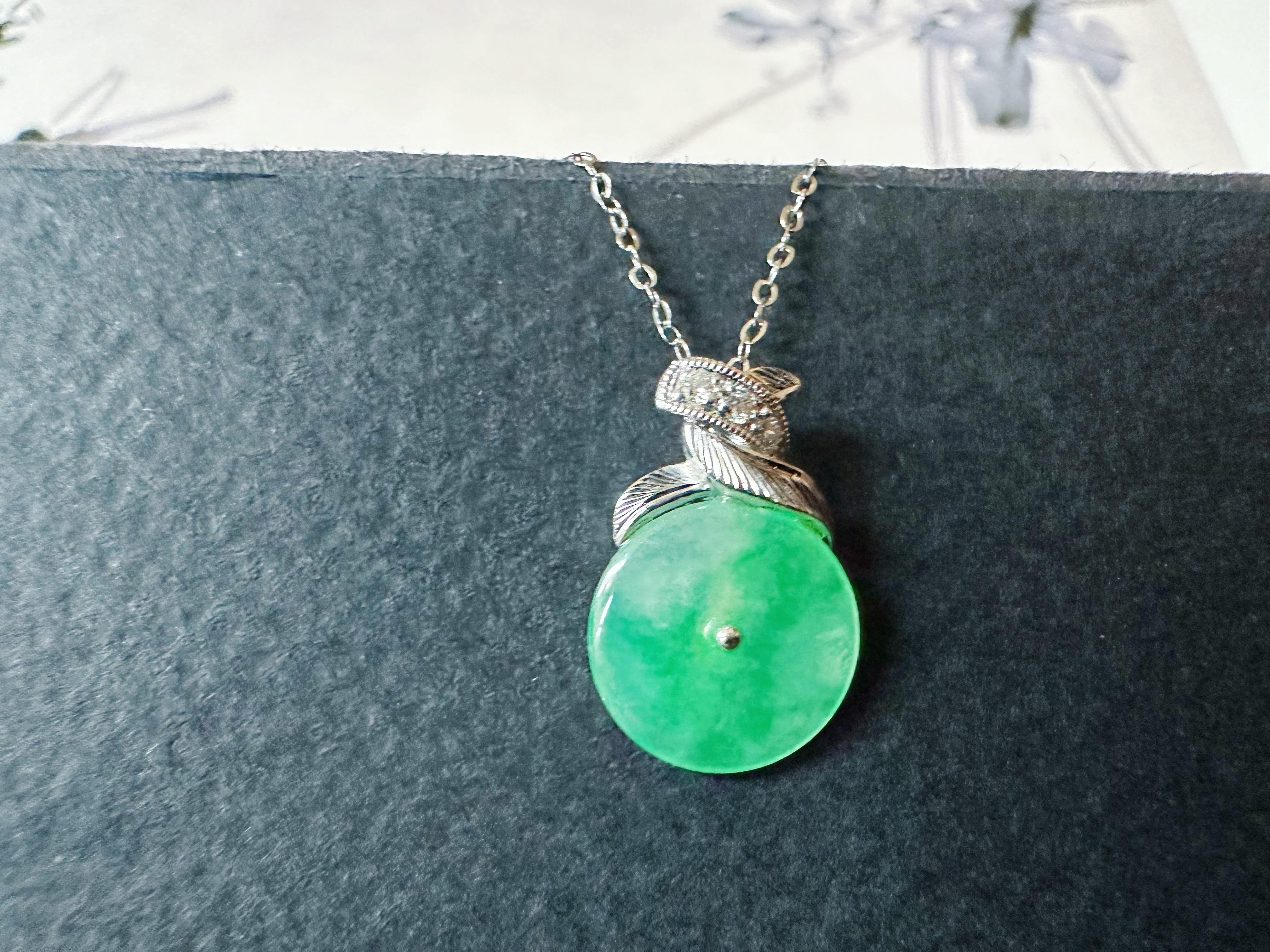 Women's or Men's Natural Myanmar Icy Type Vivid Green Donut Jade Pendant in 18K Gold & Diamond For Sale