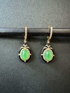 Natural Myanmar Icy Type Vivid Green Jade Cabochon Earrings in 18K Gold Diamond