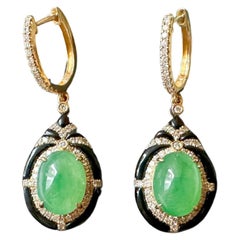 Natural Myanmar Icy Type Vivid Green Jade Cabochon Earrings in 18K Gold Diamond
