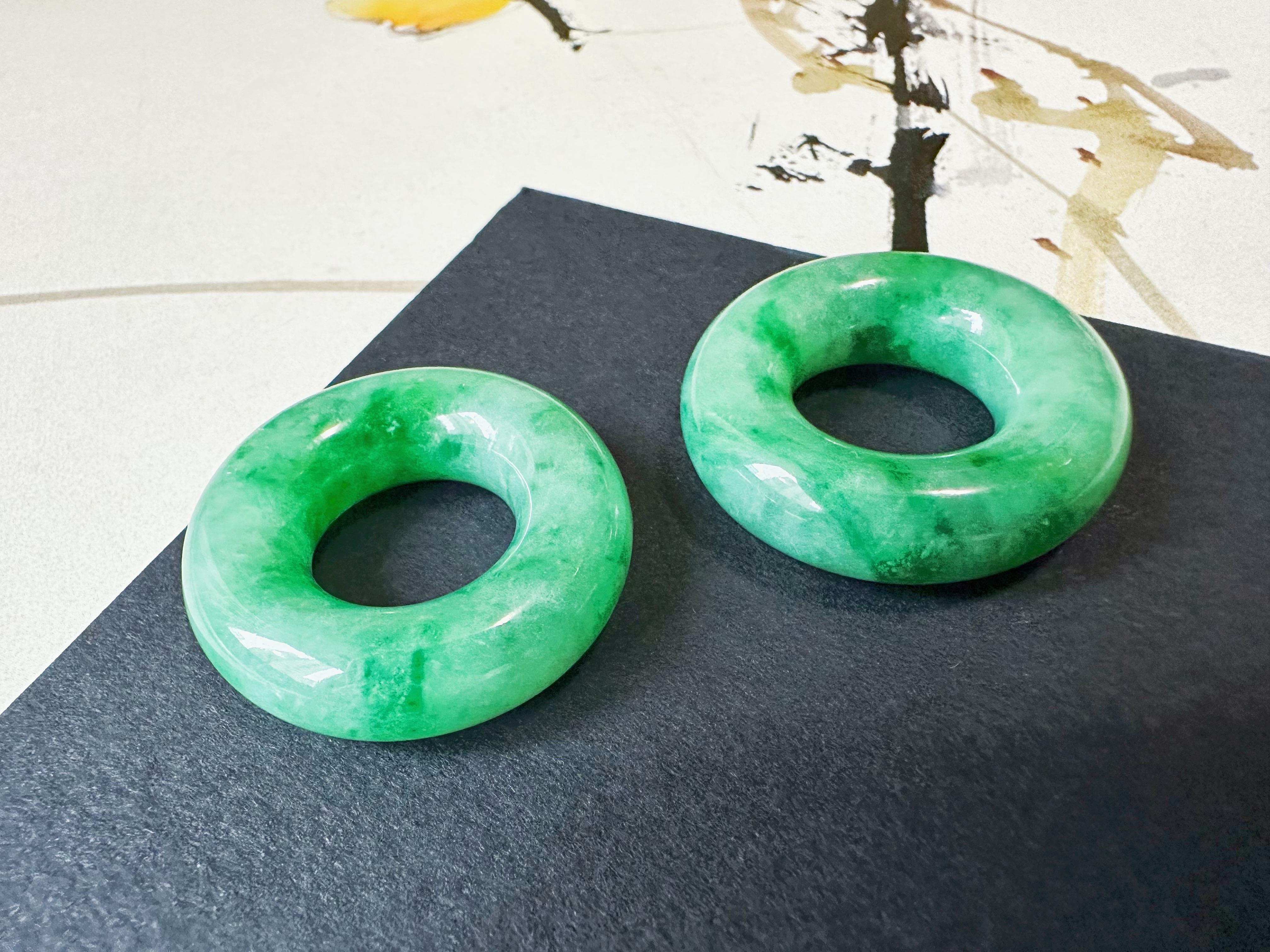 Natural Myanmar Icy Type Vivid Green Jade Donut Hoop Earrings 18K Gold Diamond For Sale 4