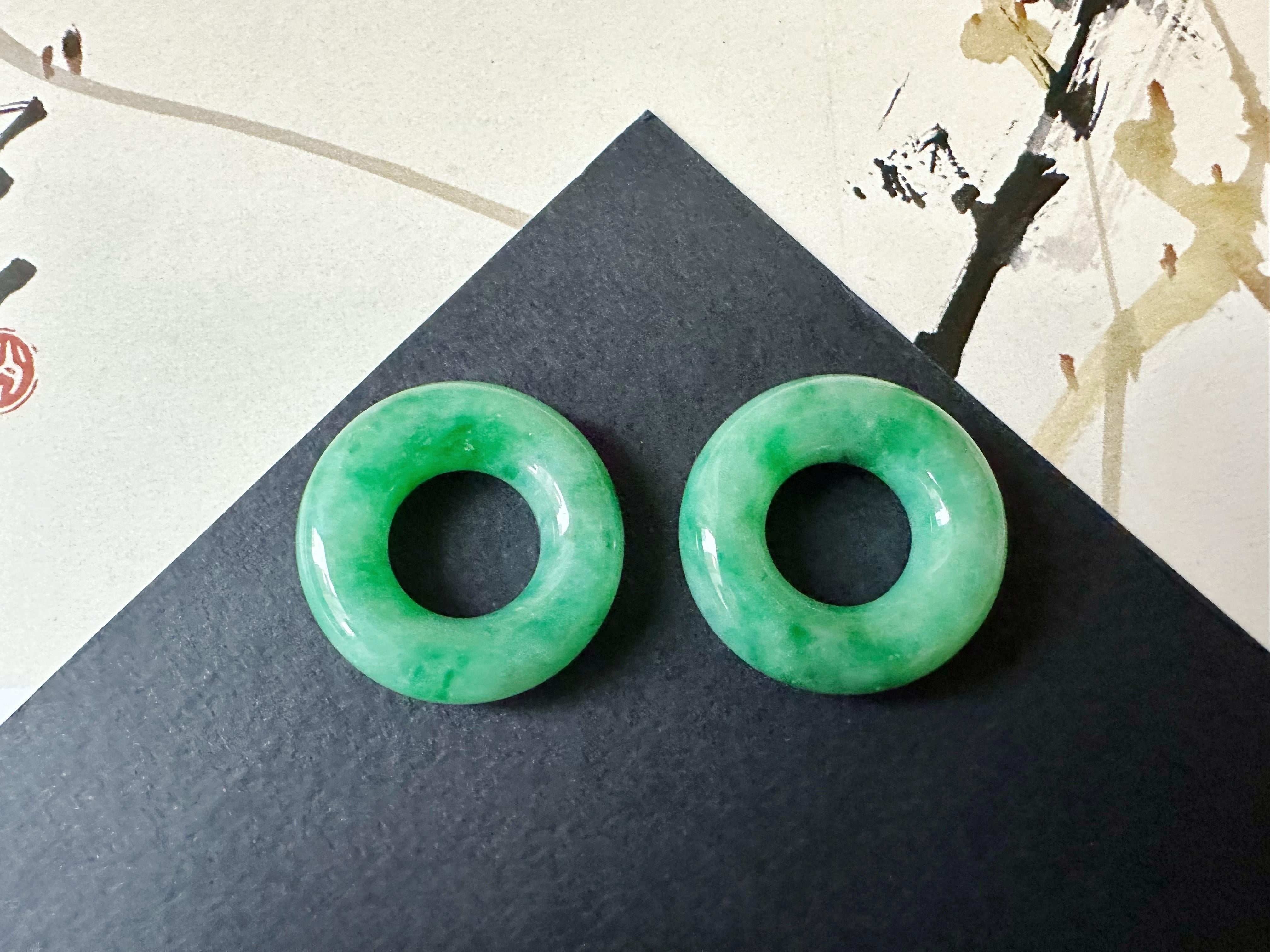 Natural Myanmar Icy Type Vivid Green Jade Donut Hoop Earrings 18K Gold Diamond For Sale 6