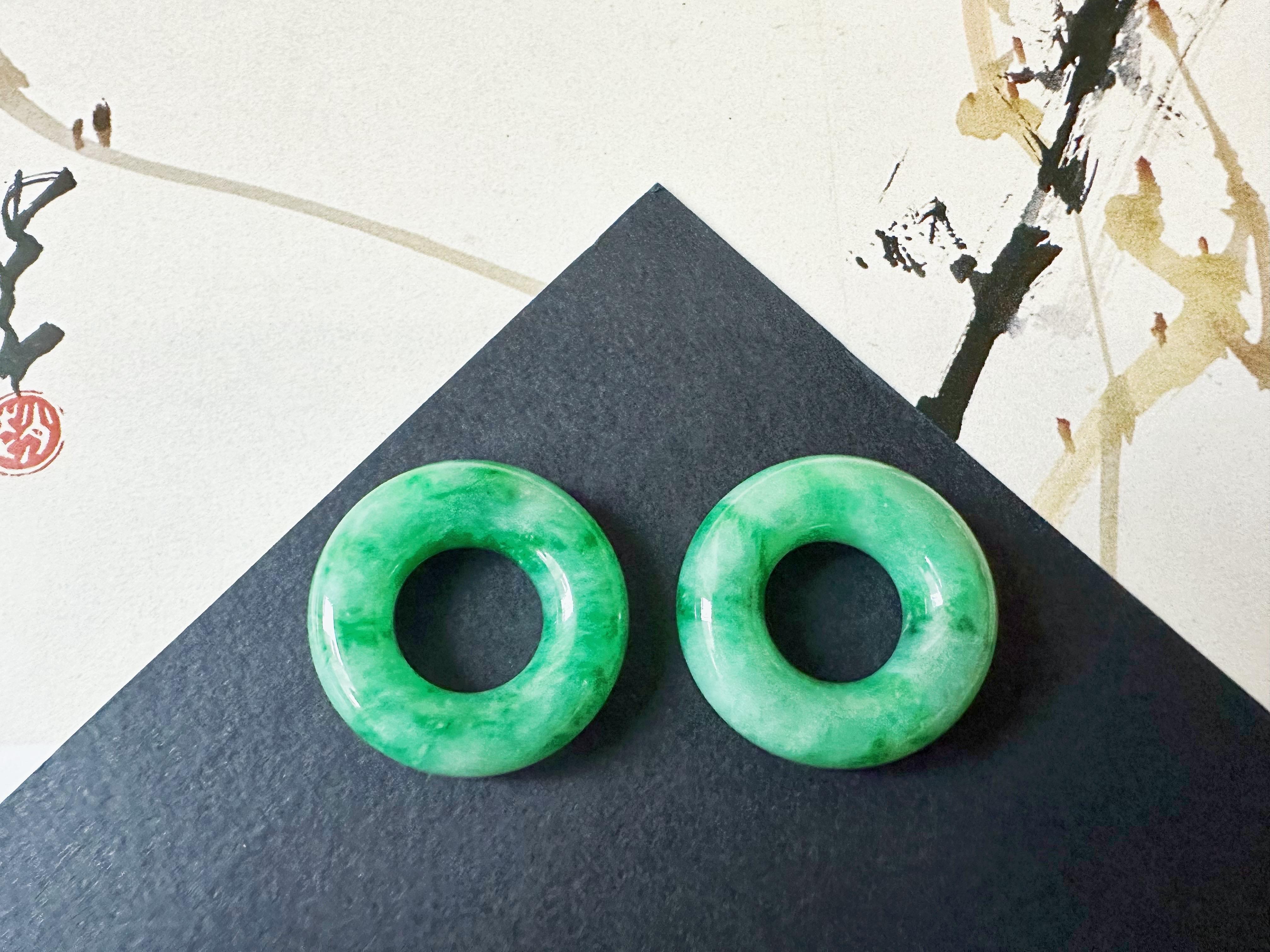 Natural Myanmar Icy Type Vivid Green Jade Donut Hoop Earrings 18K Gold Diamond For Sale 7
