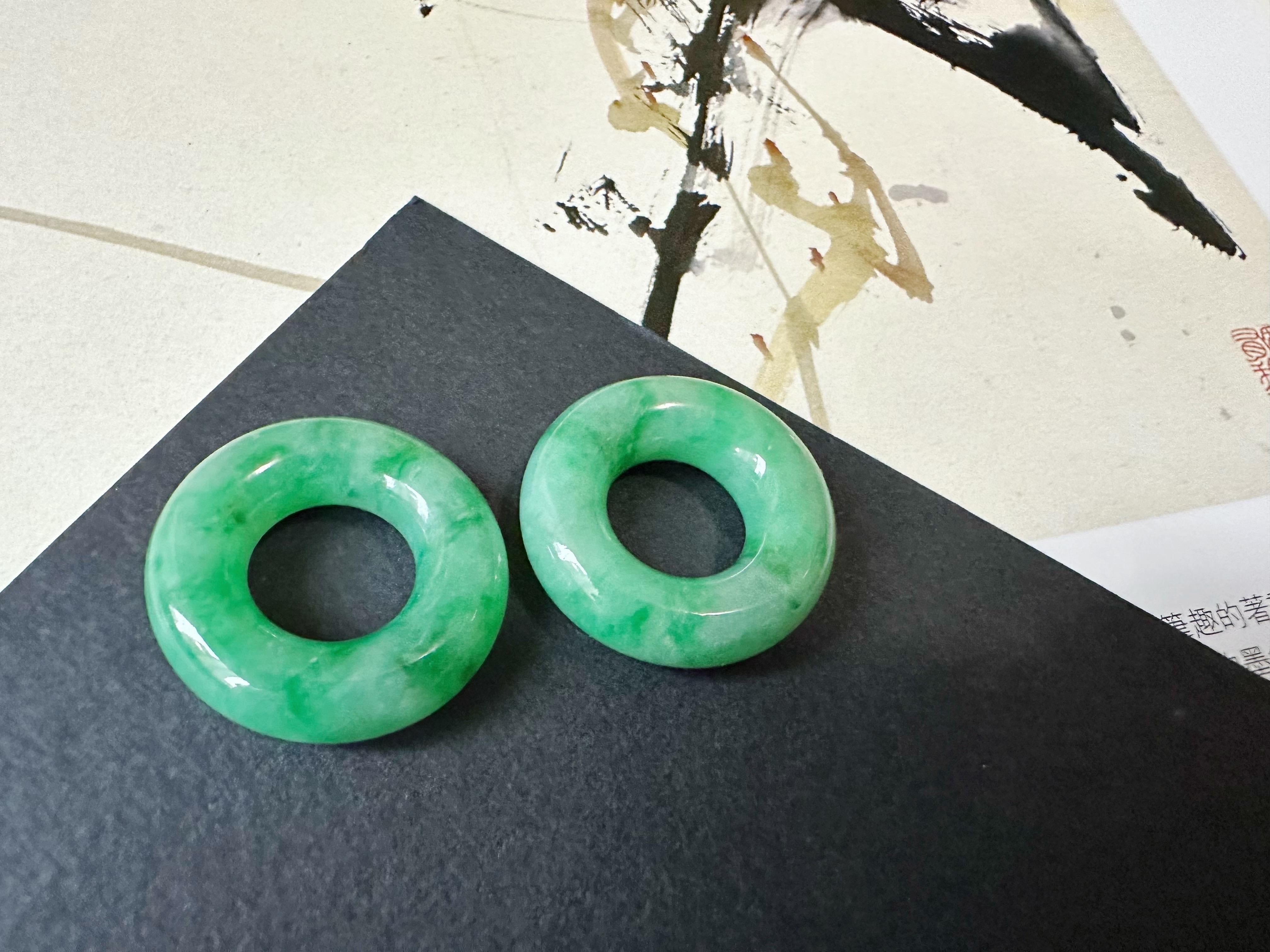 Natural Myanmar Icy Type Vivid Green Jade Donut Hoop Earrings 18K Gold Diamond For Sale 8