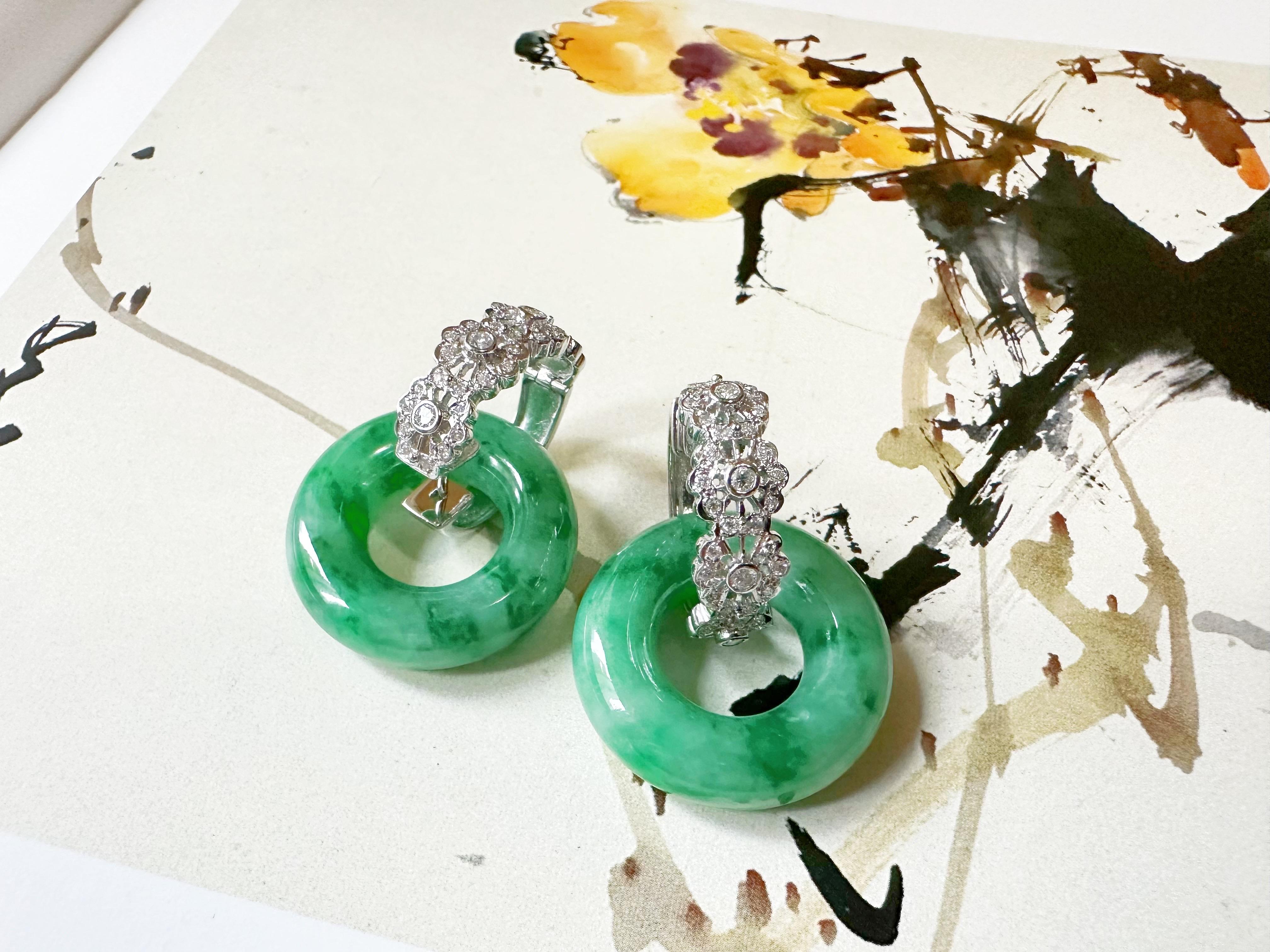 Natural Myanmar Icy Type Vivid Green Jade Donut Hoop Earrings 18K Gold Diamond For Sale 9