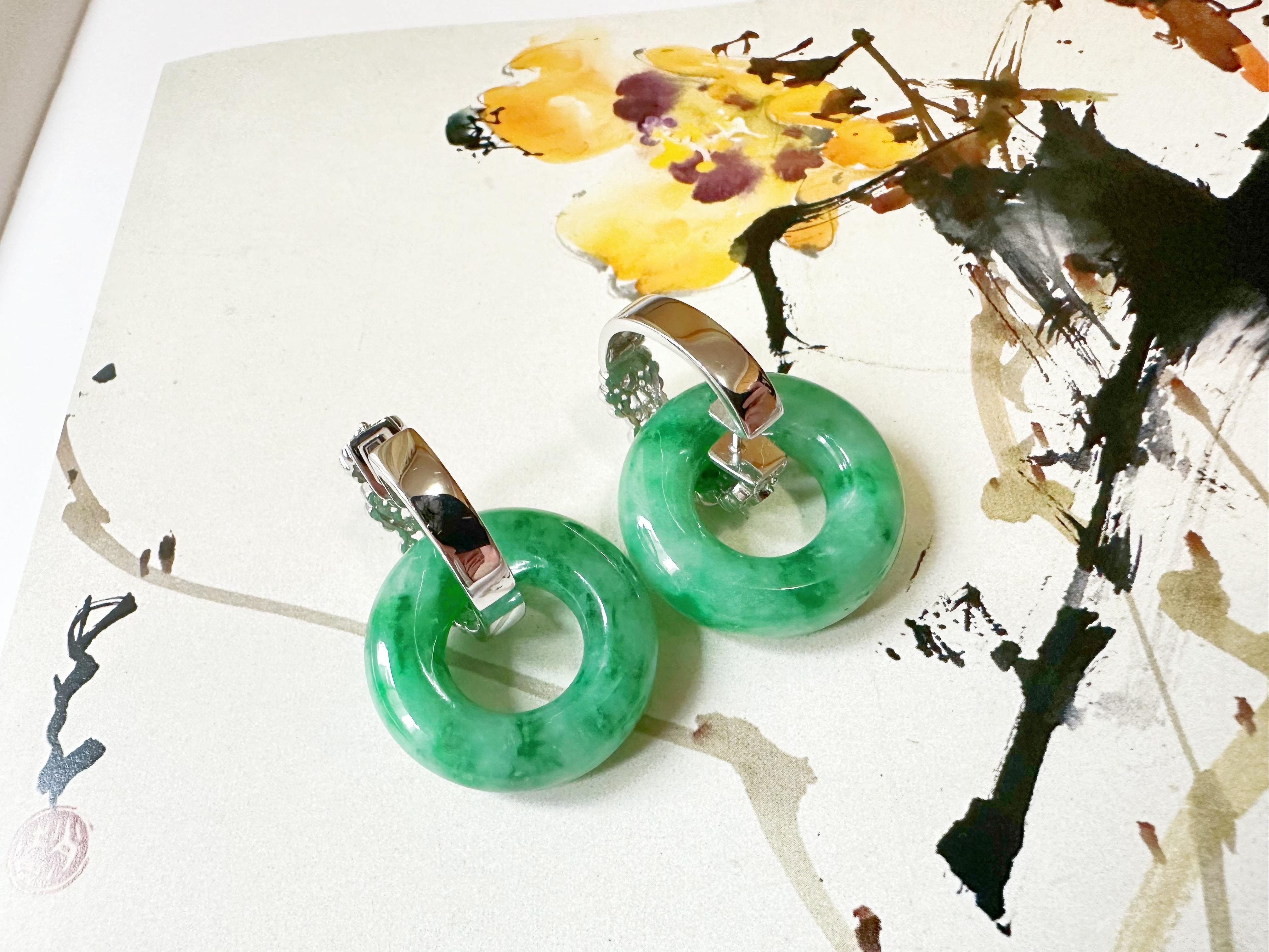 Natural Myanmar Icy Type Vivid Green Jade Donut Hoop Earrings 18K Gold Diamond For Sale 10