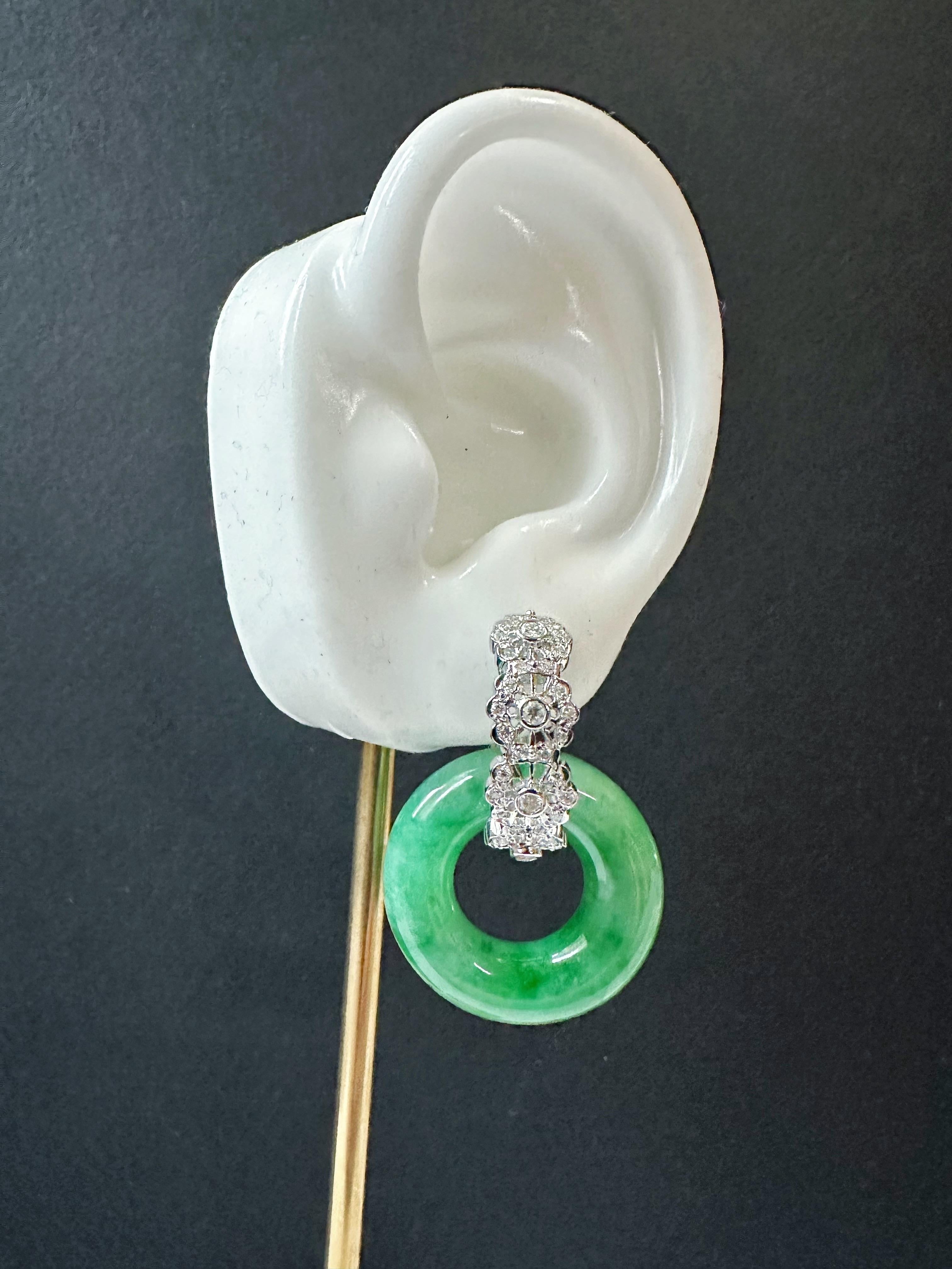 Natural Myanmar Icy Type Vivid Green Jade Donut Hoop Earrings 18K Gold Diamond For Sale 11