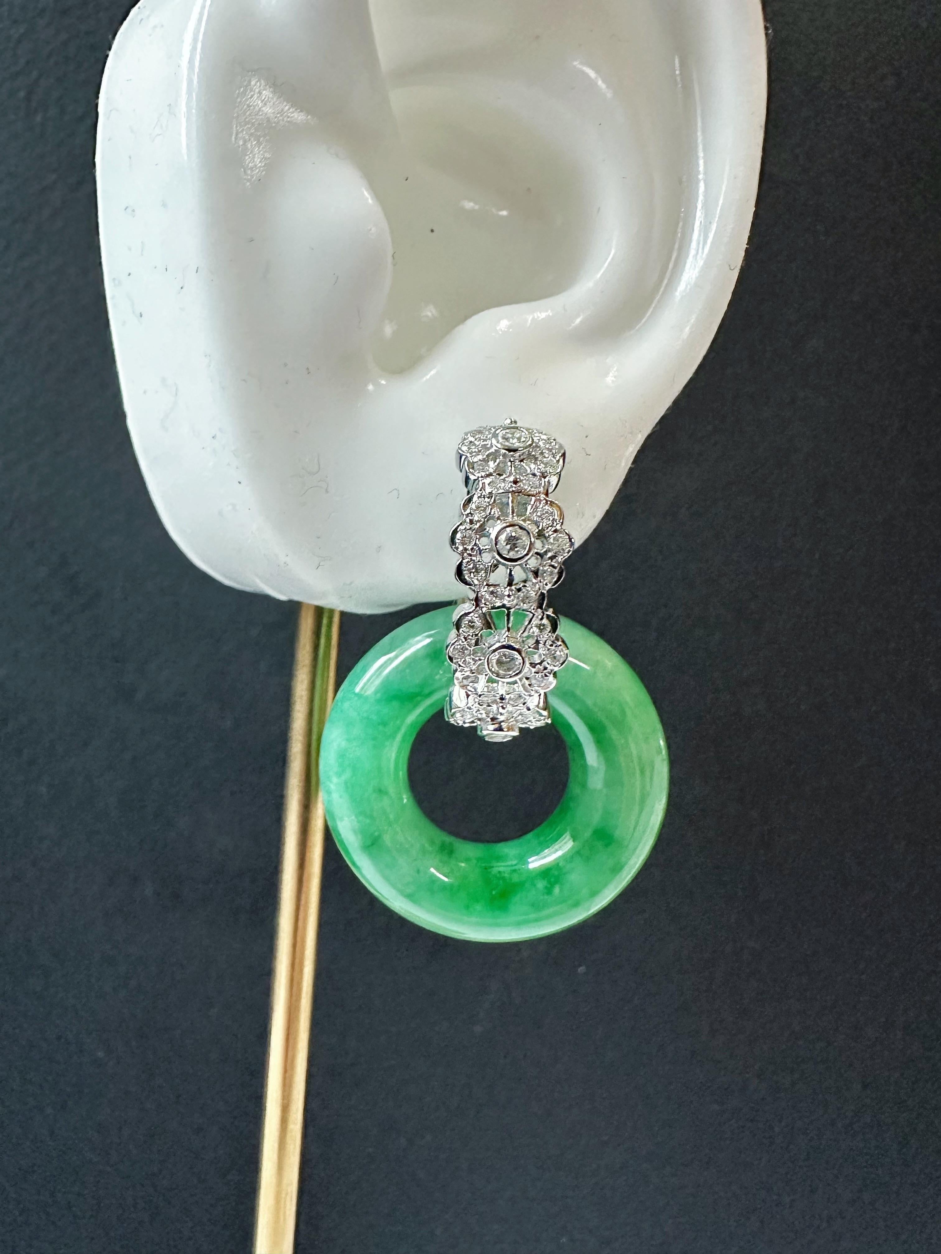Natural Myanmar Icy Type Vivid Green Jade Donut Hoop Earrings 18K Gold Diamond For Sale 12