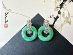 Natural Myanmar Icy Type Vivid Green Jade Donut Hoop Earrings 18K Gold Diamond