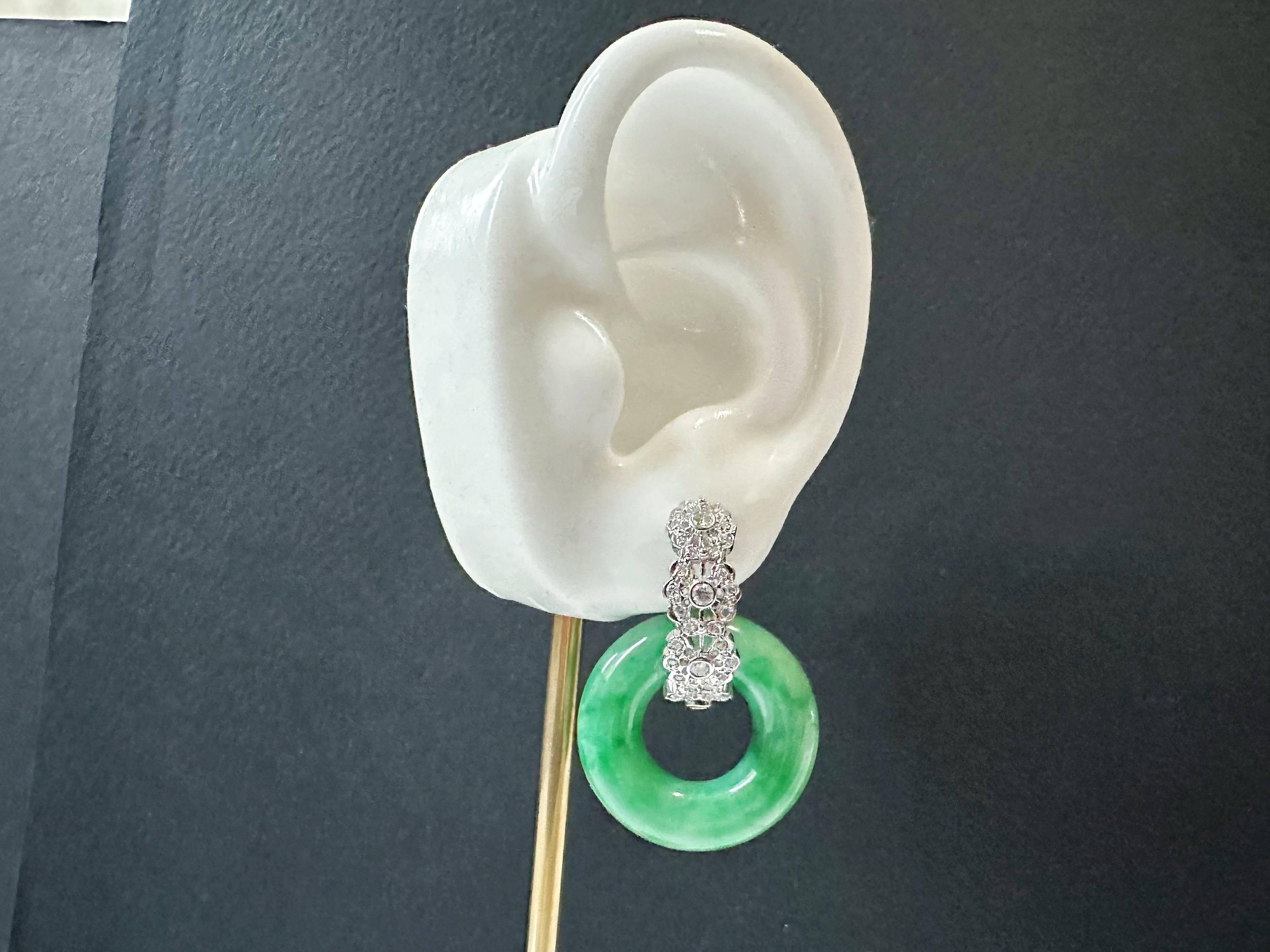 Natural Myanmar Icy Type Vivid Green Jade Donut Hoop Earrings 18K Gold Diamond For Sale 14