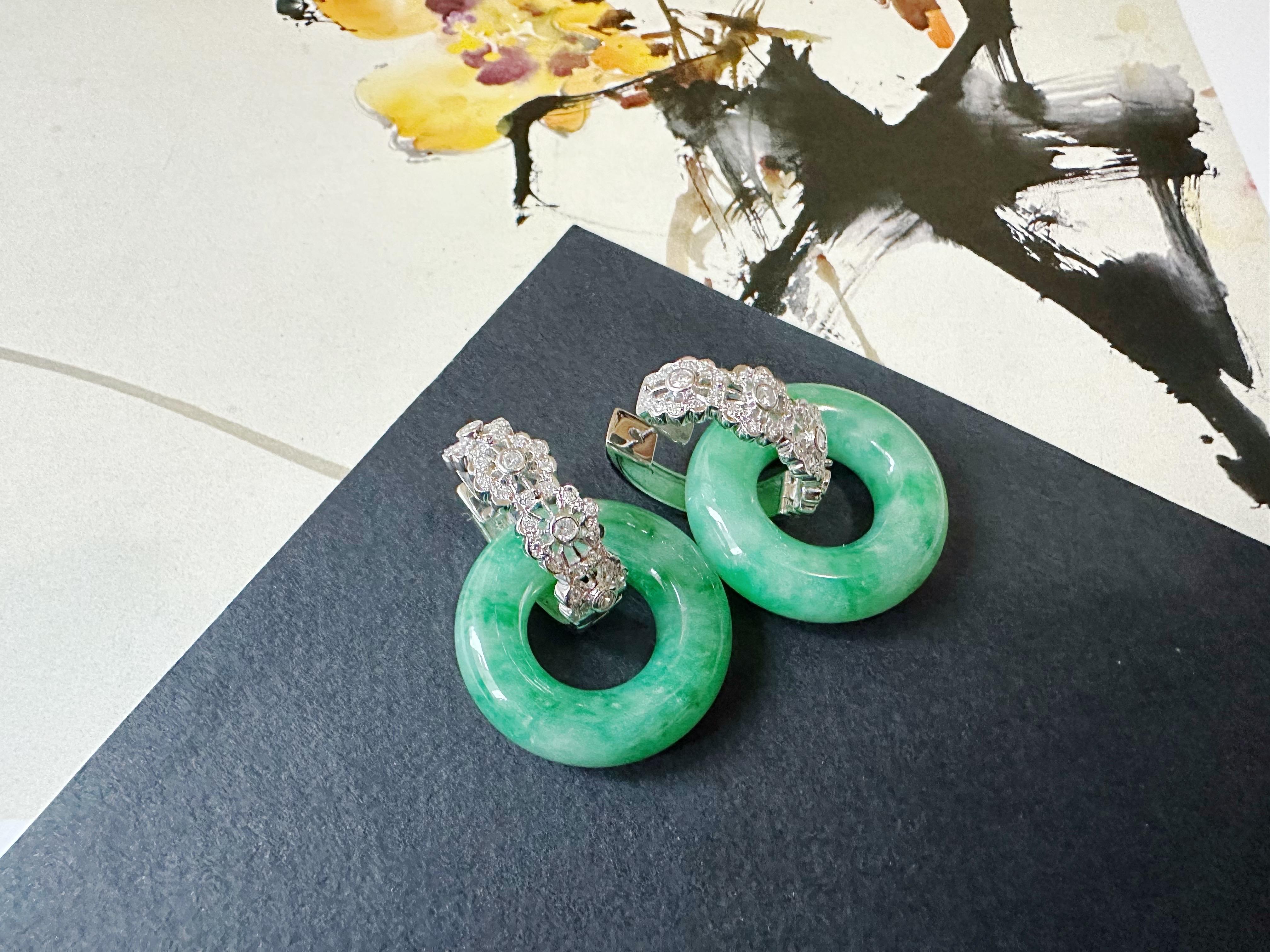 Artisan Natural Myanmar Icy Type Vivid Green Jade Donut Hoop Earrings 18K Gold Diamond For Sale