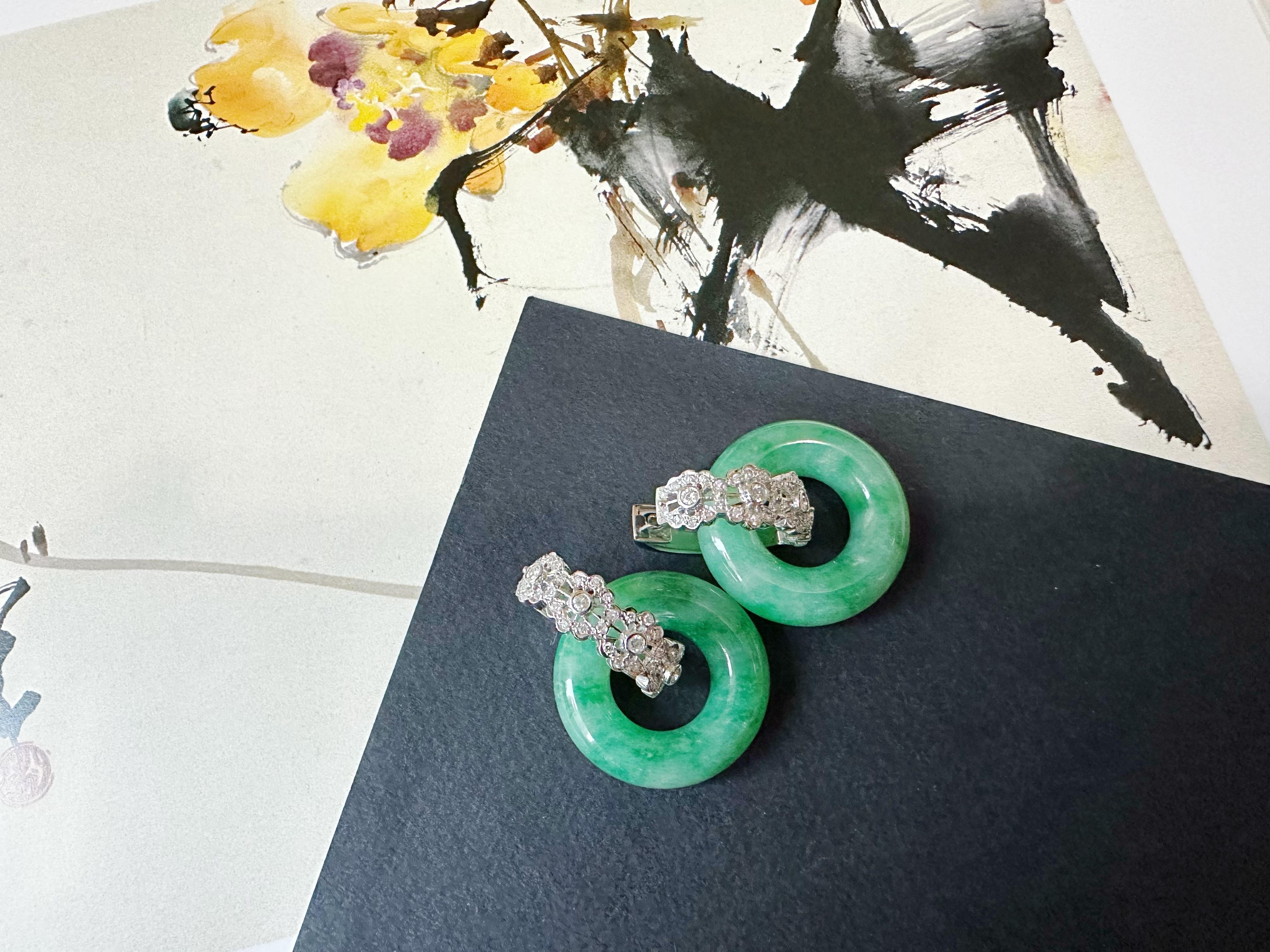 Round Cut Natural Myanmar Icy Type Vivid Green Jade Donut Hoop Earrings 18K Gold Diamond For Sale