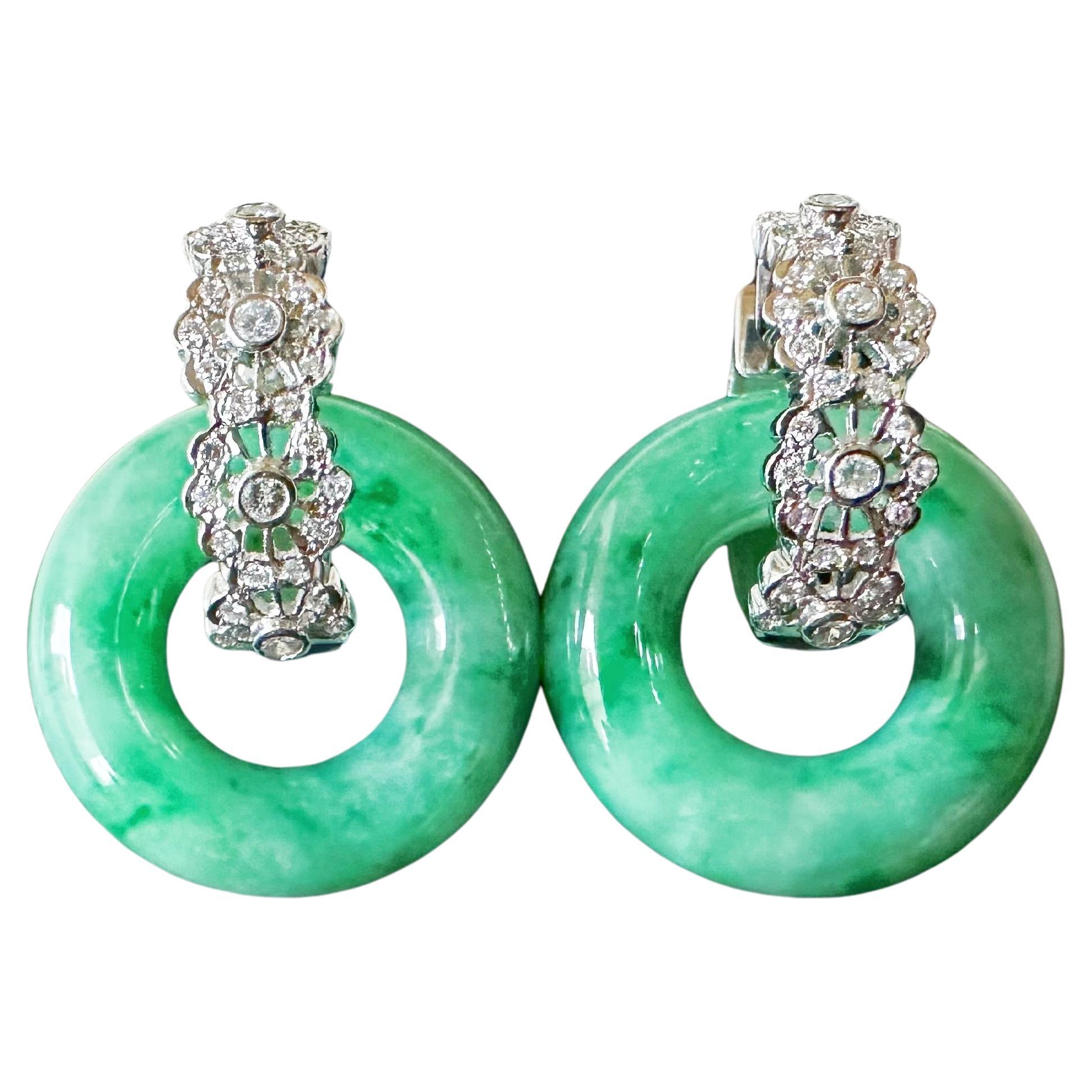 Natürliche Myanmar Icy Typ Vivid Green Jade Donut Creolen 18K Gold Diamant-Ohrringe