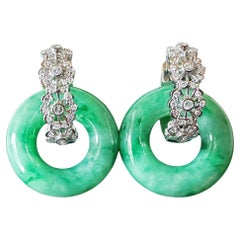 Natural Myanmar Icy Type Vivid Green Jade Donut Hoop Earrings 18K Gold Diamond