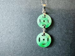 Natural Myanmar Icy Type Vivid Green Jade  Pendant in Coin Design in 18K Gold