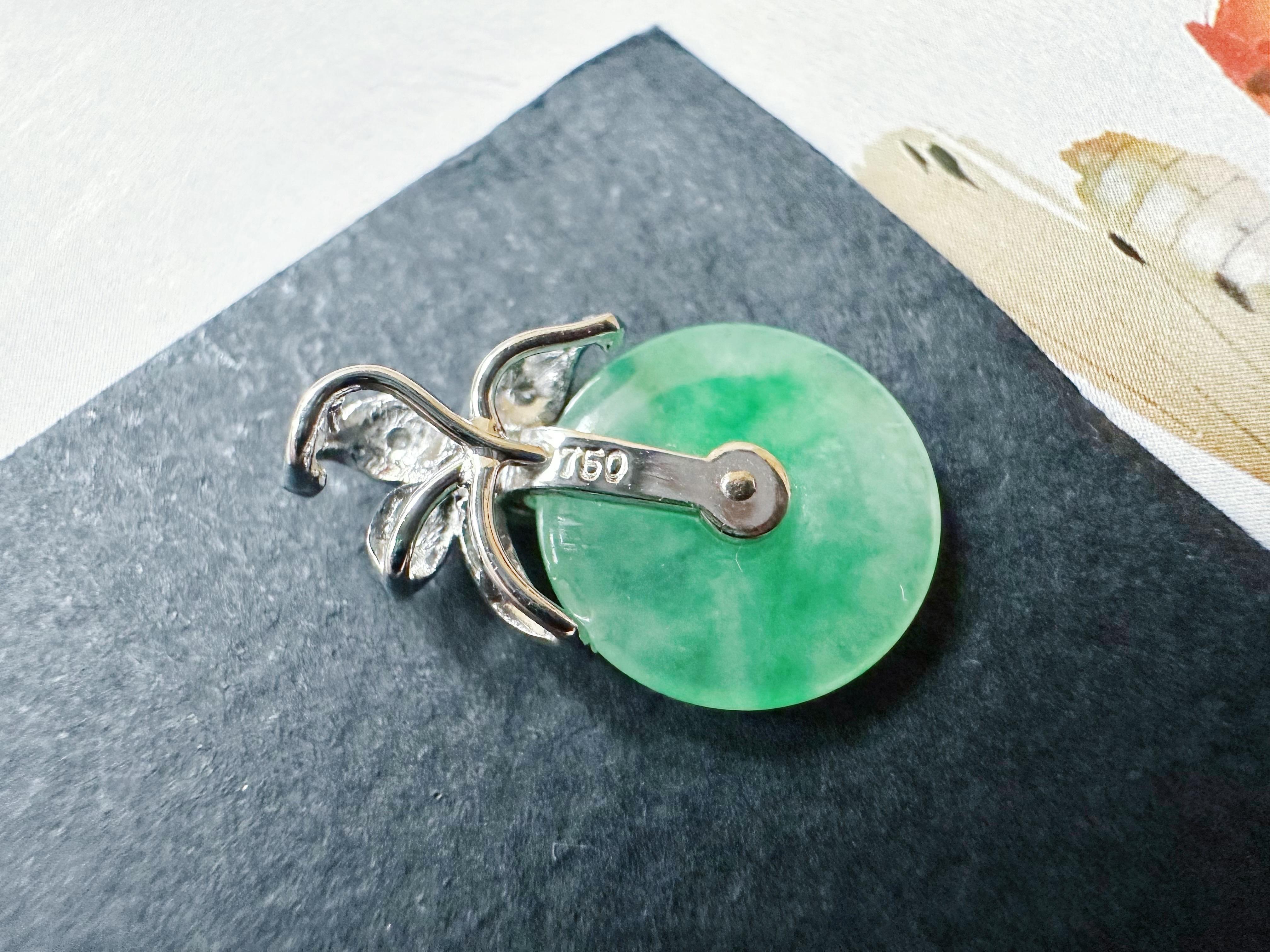 Natural Myanmar Icy Type Vivid Green Round Jade Pendant in 18K Gold & Diamond For Sale 4