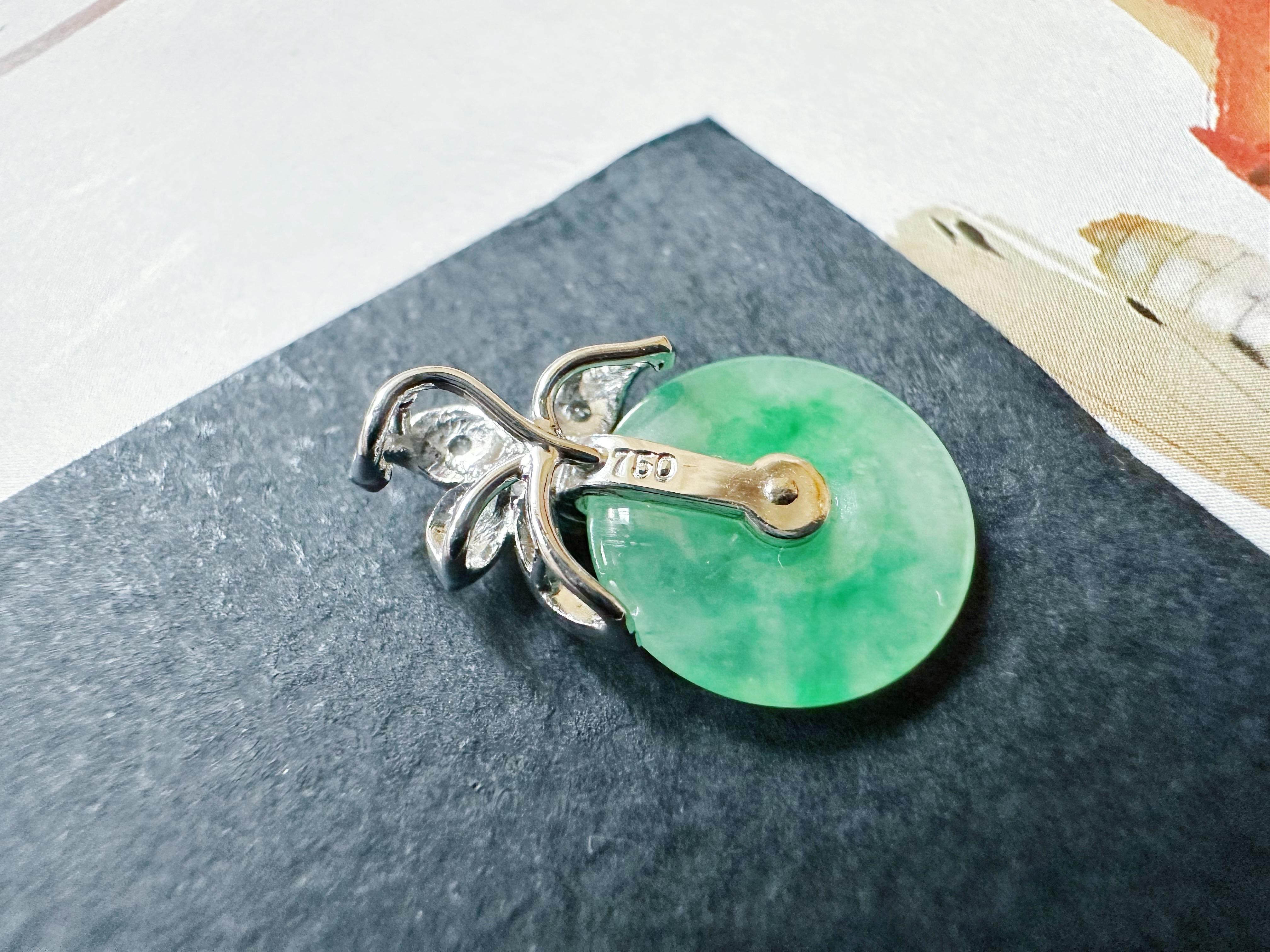 Natural Myanmar Icy Type Vivid Green Round Jade Pendant in 18K Gold & Diamond For Sale 5