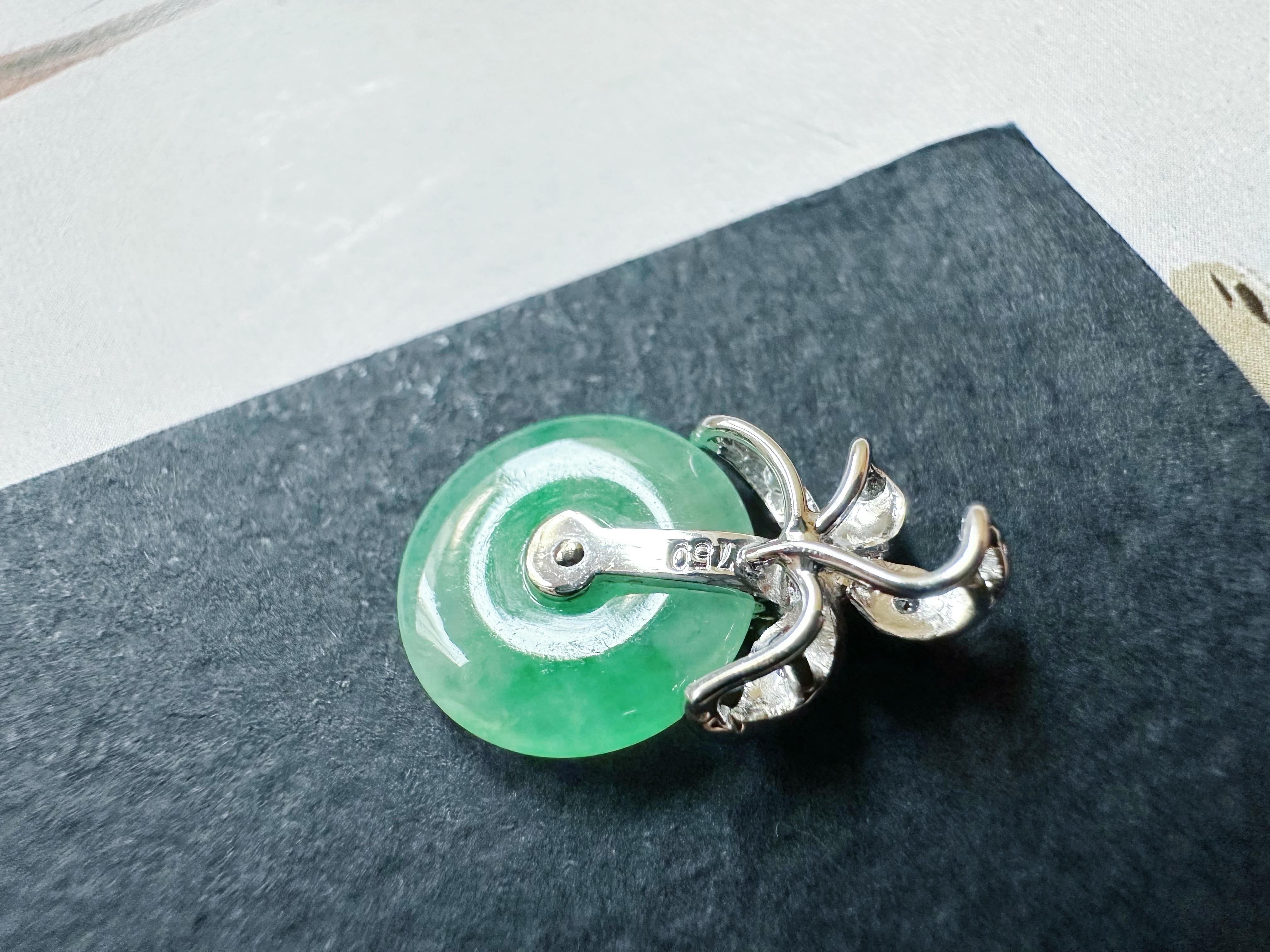 Natural Myanmar Icy Type Vivid Green Round Jade Pendant in 18K Gold & Diamond For Sale 7
