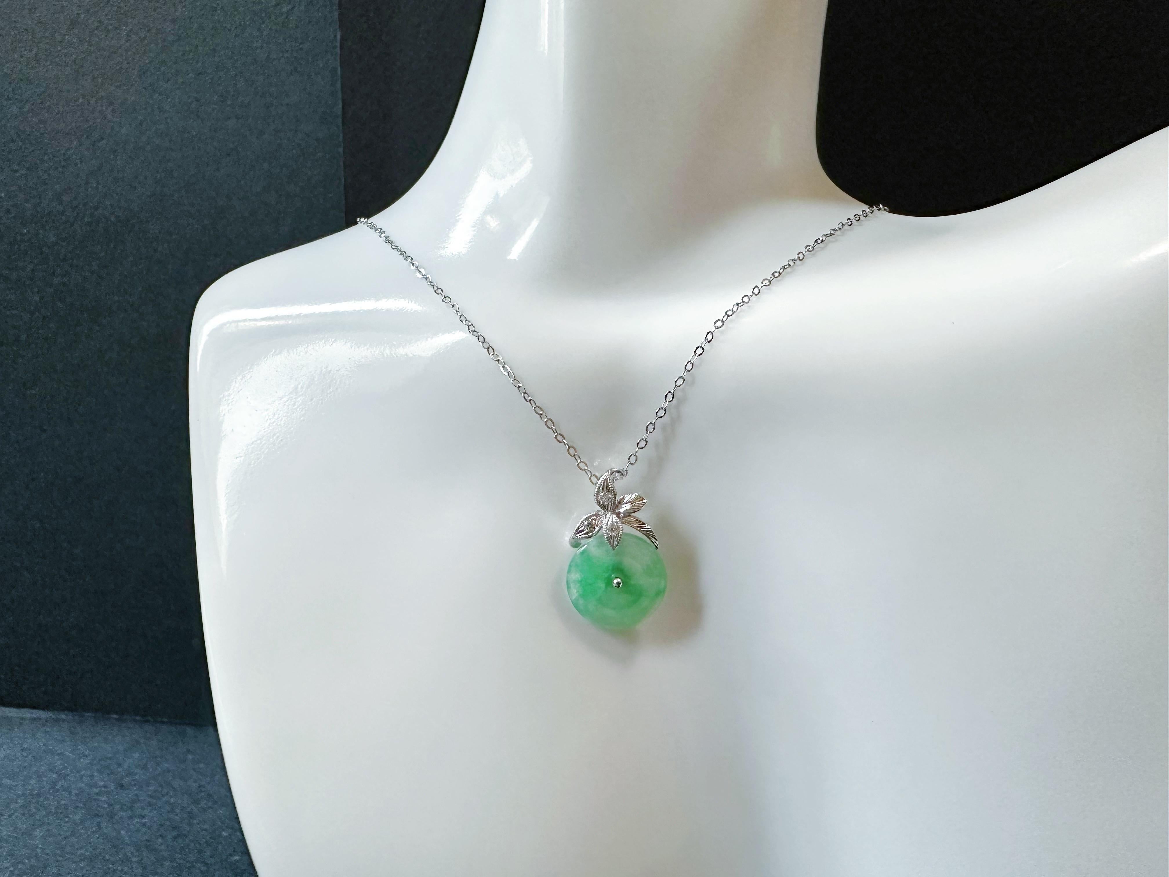 Natural Myanmar Icy Type Vivid Green Round Jade Pendant in 18K Gold & Diamond For Sale 9