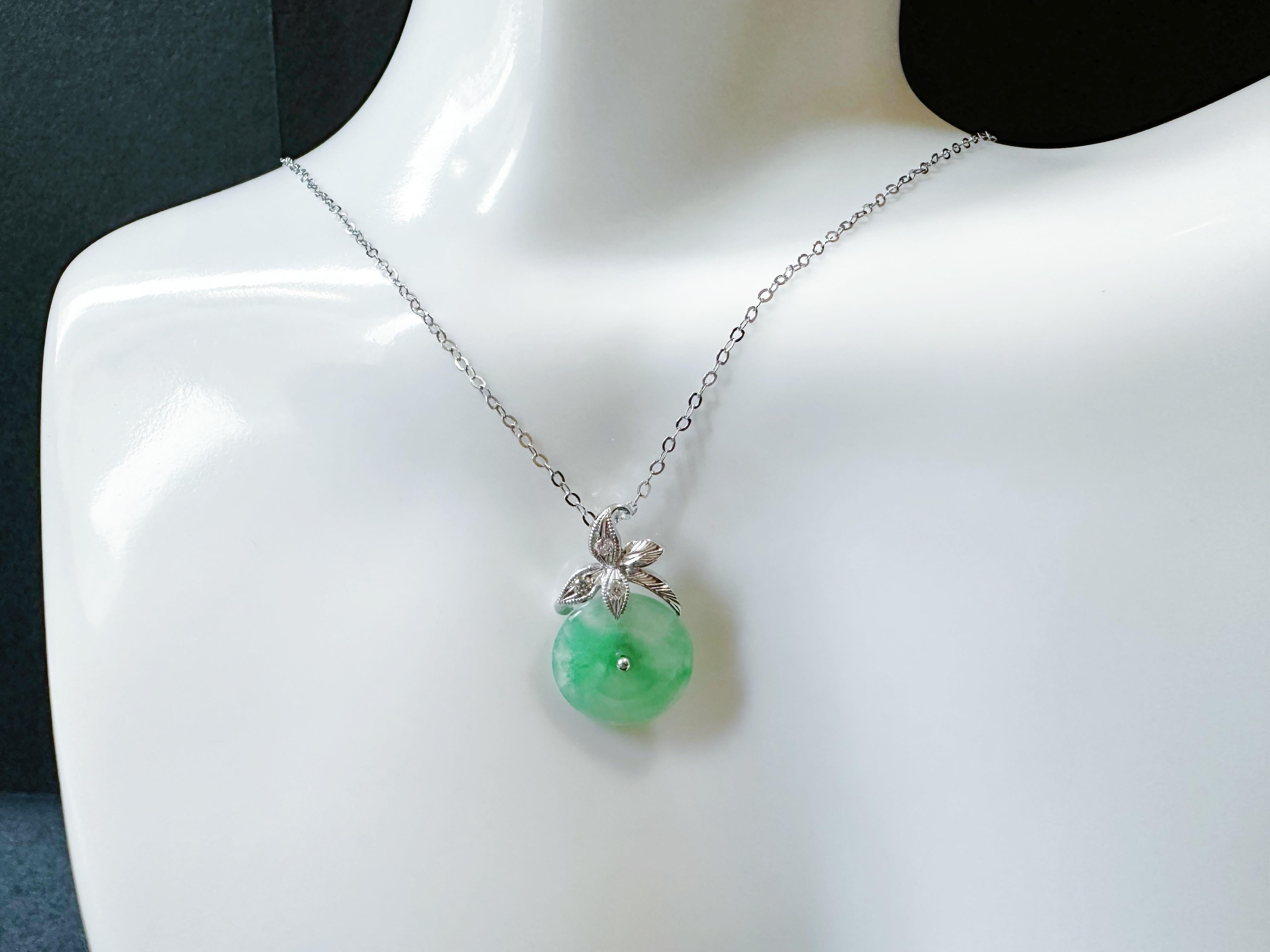 Natural Myanmar Icy Type Vivid Green Round Jade Pendant in 18K Gold & Diamond For Sale 10