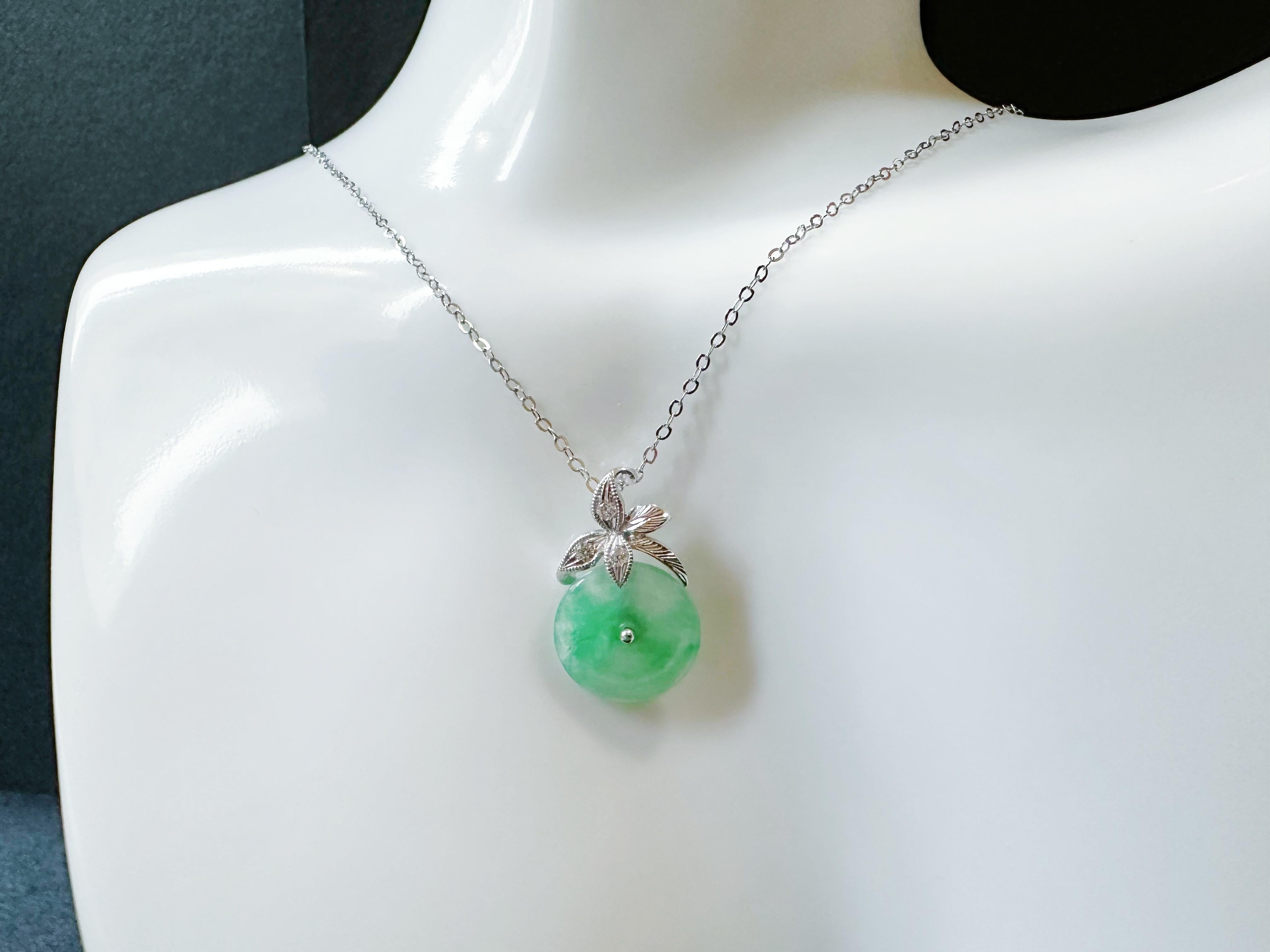 Natural Myanmar Icy Type Vivid Green Round Jade Pendant in 18K Gold & Diamond For Sale 11