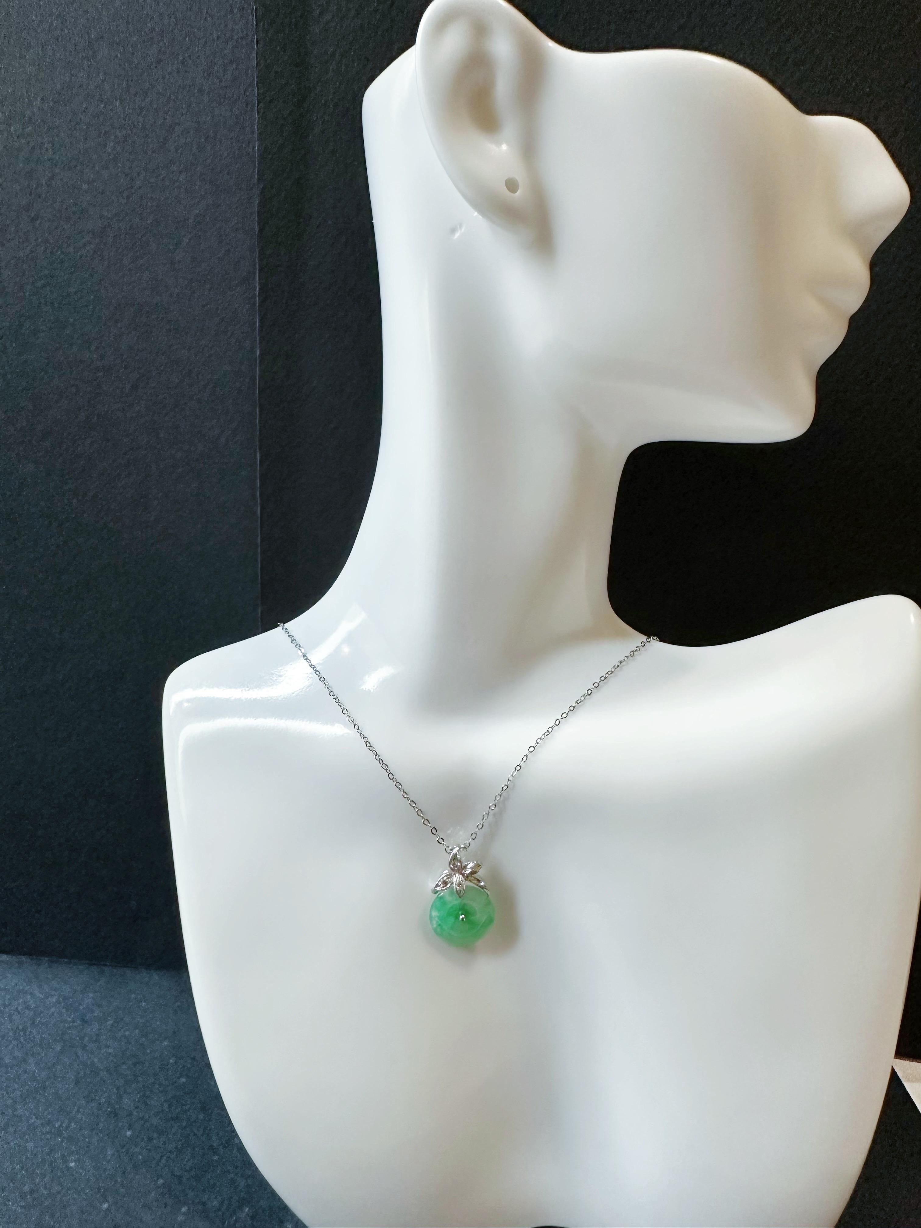 Natural Myanmar Icy Type Vivid Green Round Jade Pendant in 18K Gold & Diamond For Sale 12