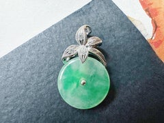 Natural Myanmar Icy Type Vivid Green Round Jade Pendant in 18K Gold & Diamond
