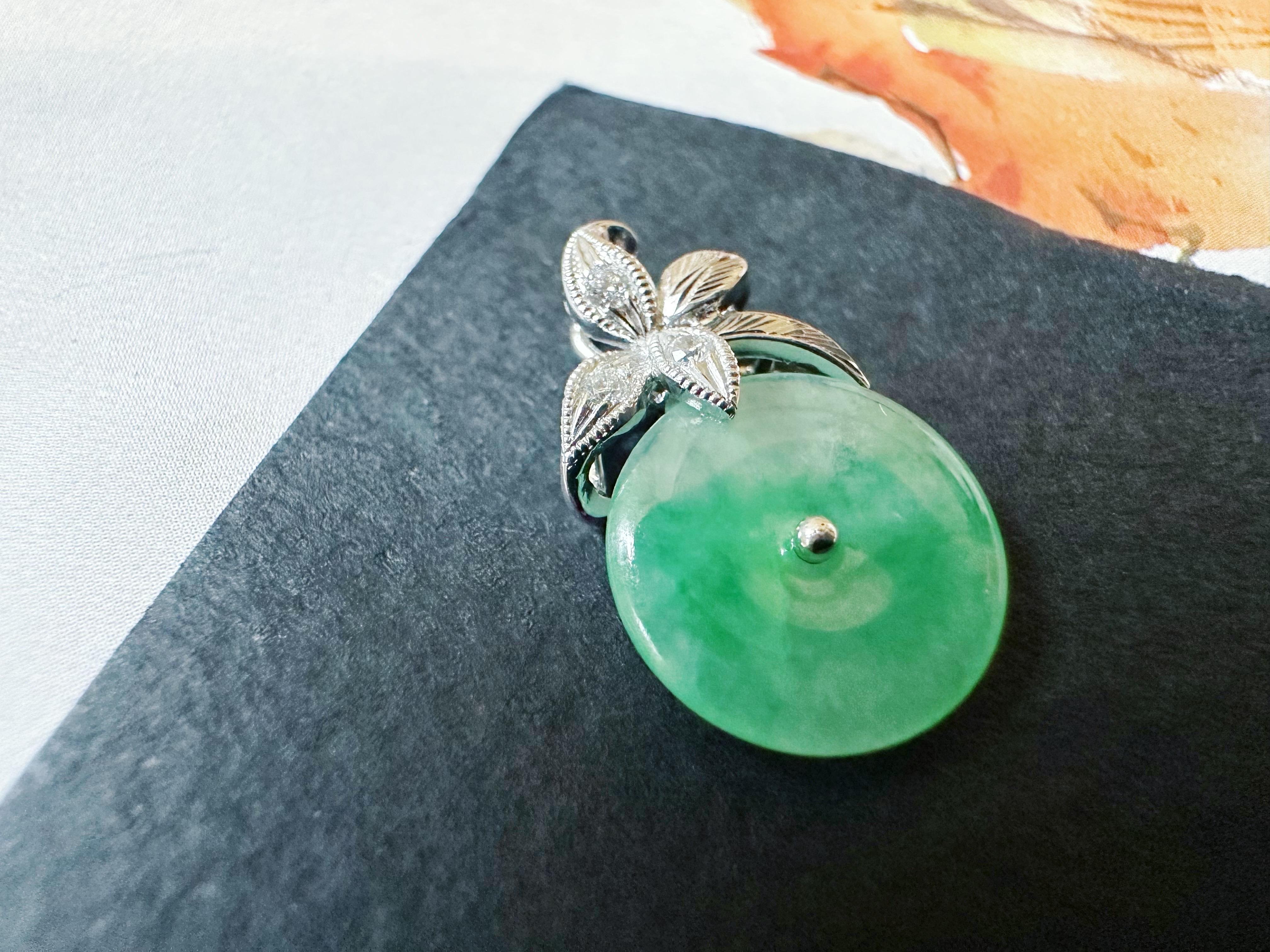 Women's or Men's Natural Myanmar Icy Type Vivid Green Round Jade Pendant in 18K Gold & Diamond For Sale
