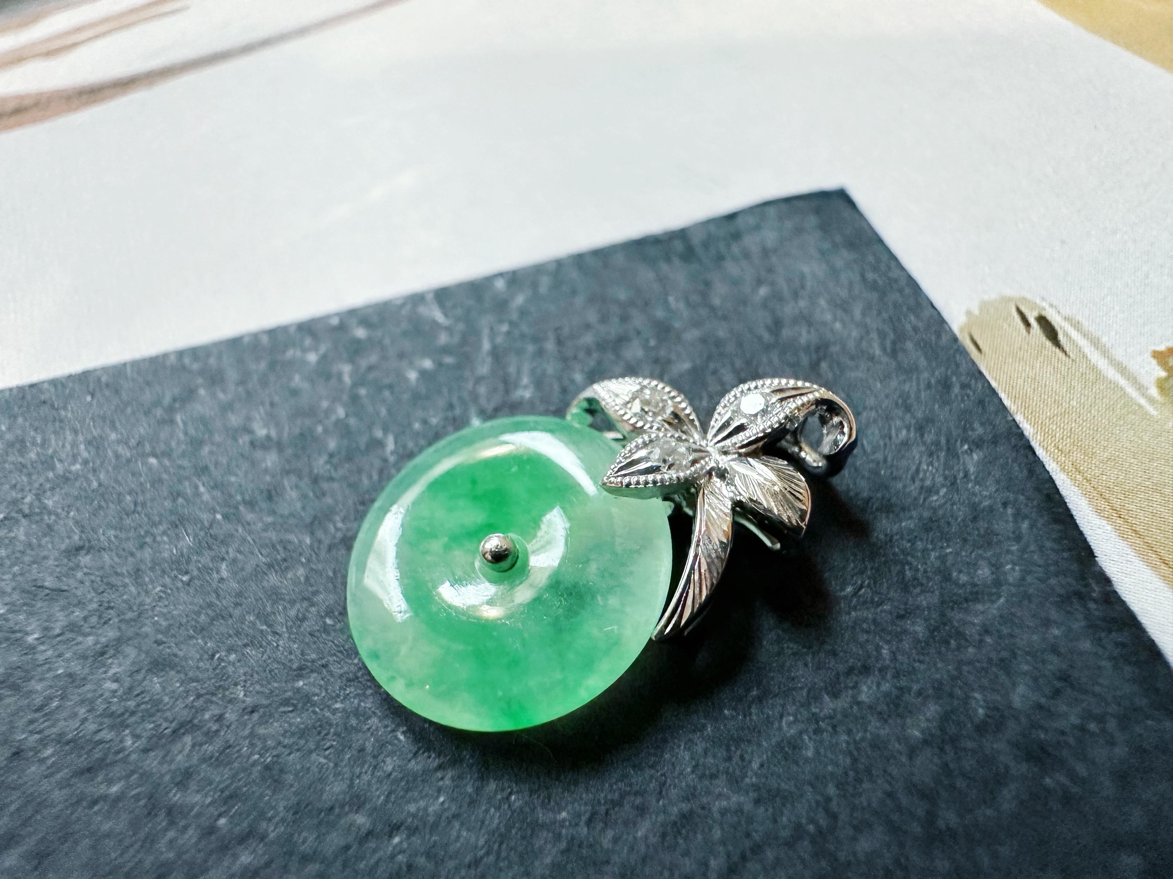 Natural Myanmar Icy Type Vivid Green Round Jade Pendant in 18K Gold & Diamond For Sale 1