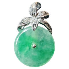 Natural Myanmar Icy Type Vivid Green Round Jade Pendant in 18K Gold & Diamond