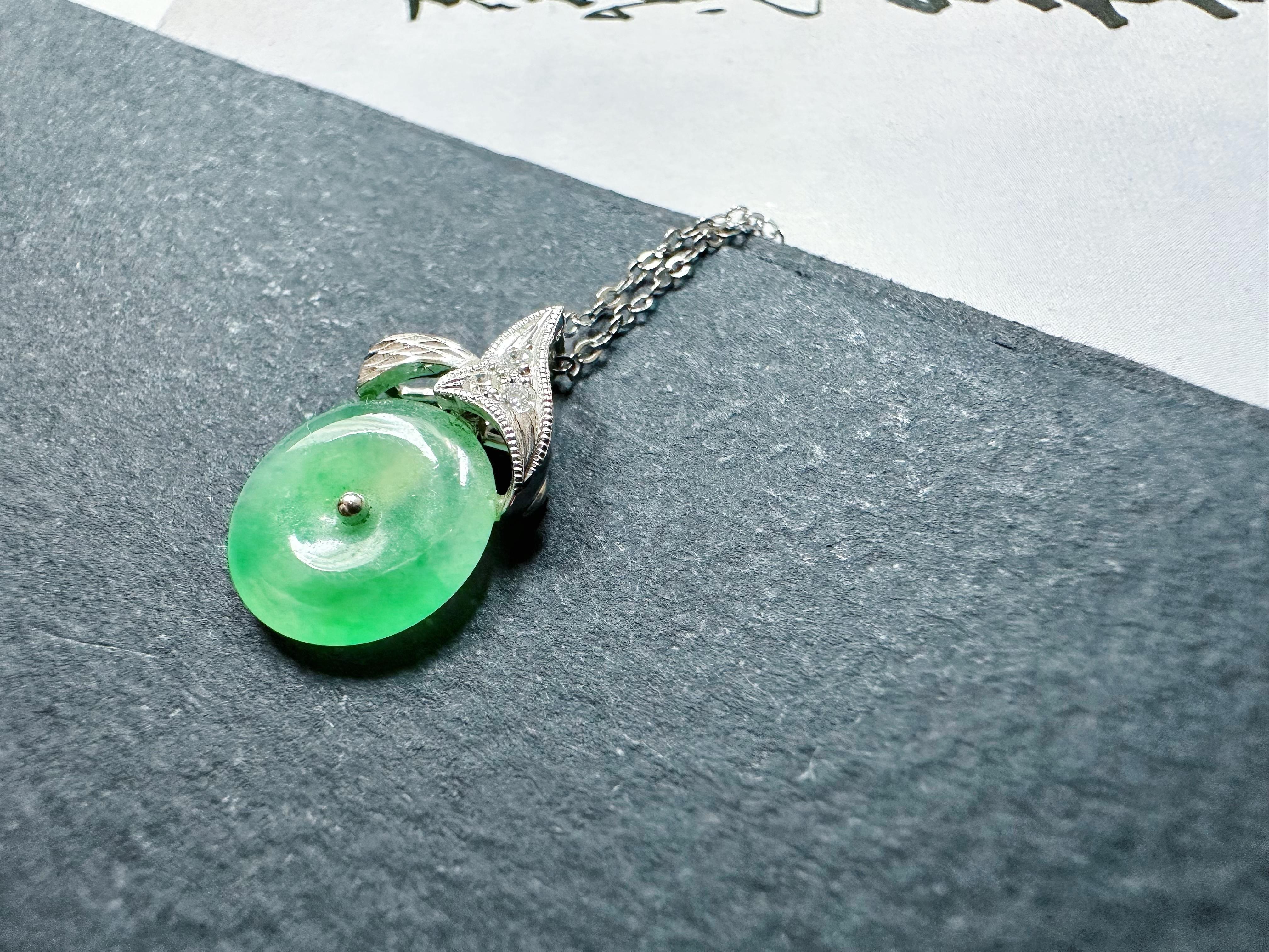Natural Myanmar Icy Type Vivid Green Round Jade Pendant in 18K Gold & Diamond For Sale 4