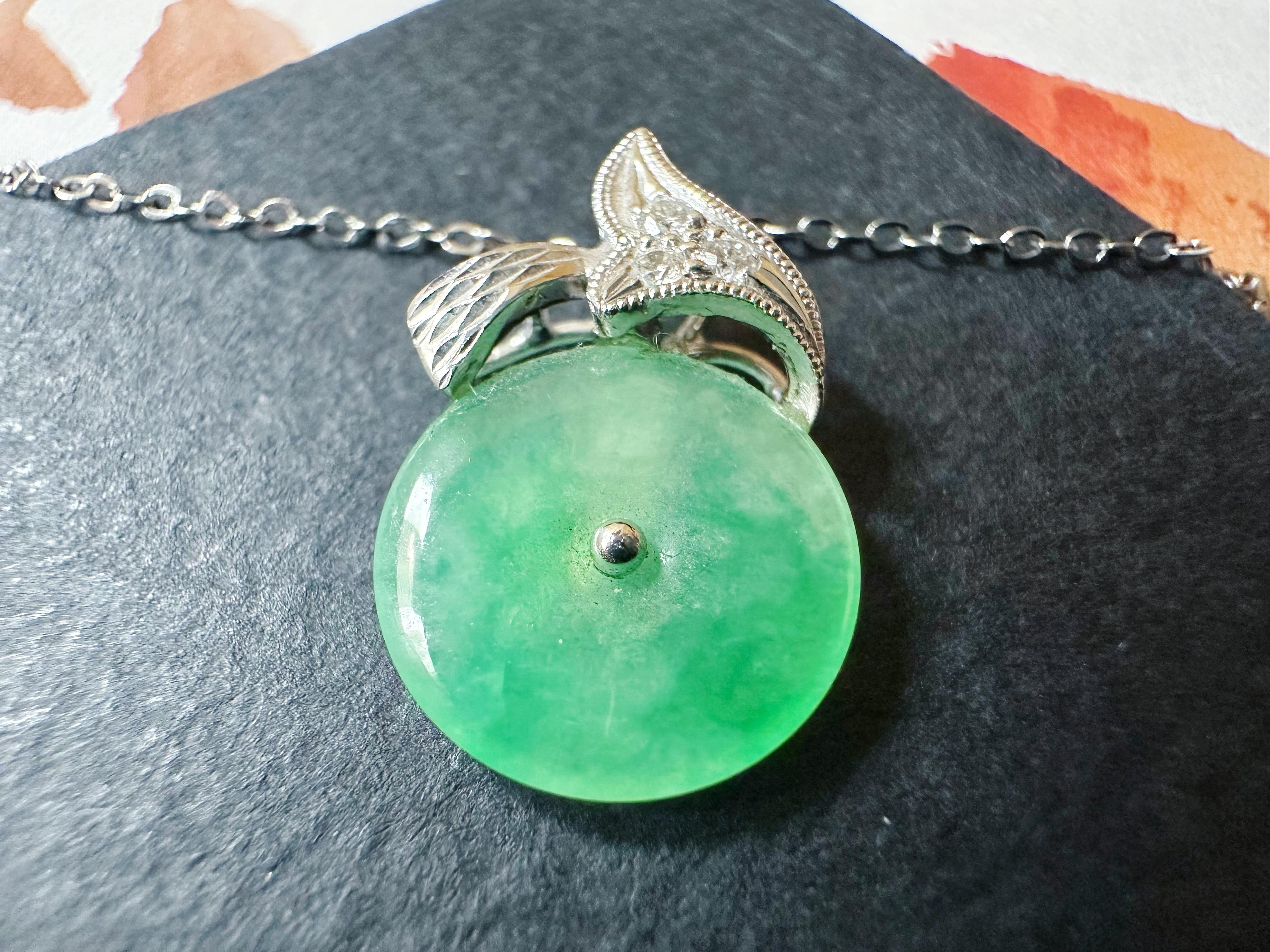 Natural Myanmar Icy Type Vivid Green Round Jade Pendant in 18K Gold & Diamond For Sale 5