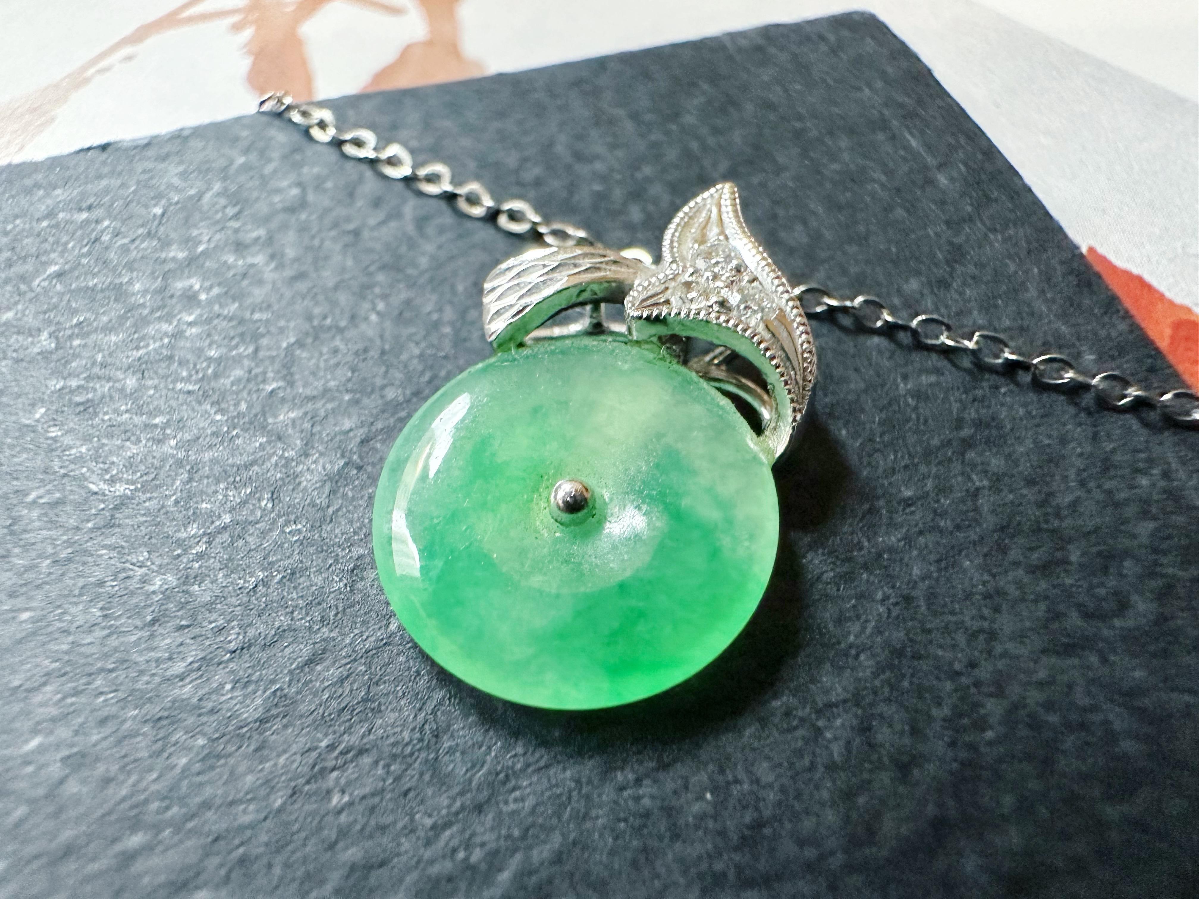 Natural Myanmar Icy Type Vivid Green Round Jade Pendant in 18K Gold & Diamond For Sale 6