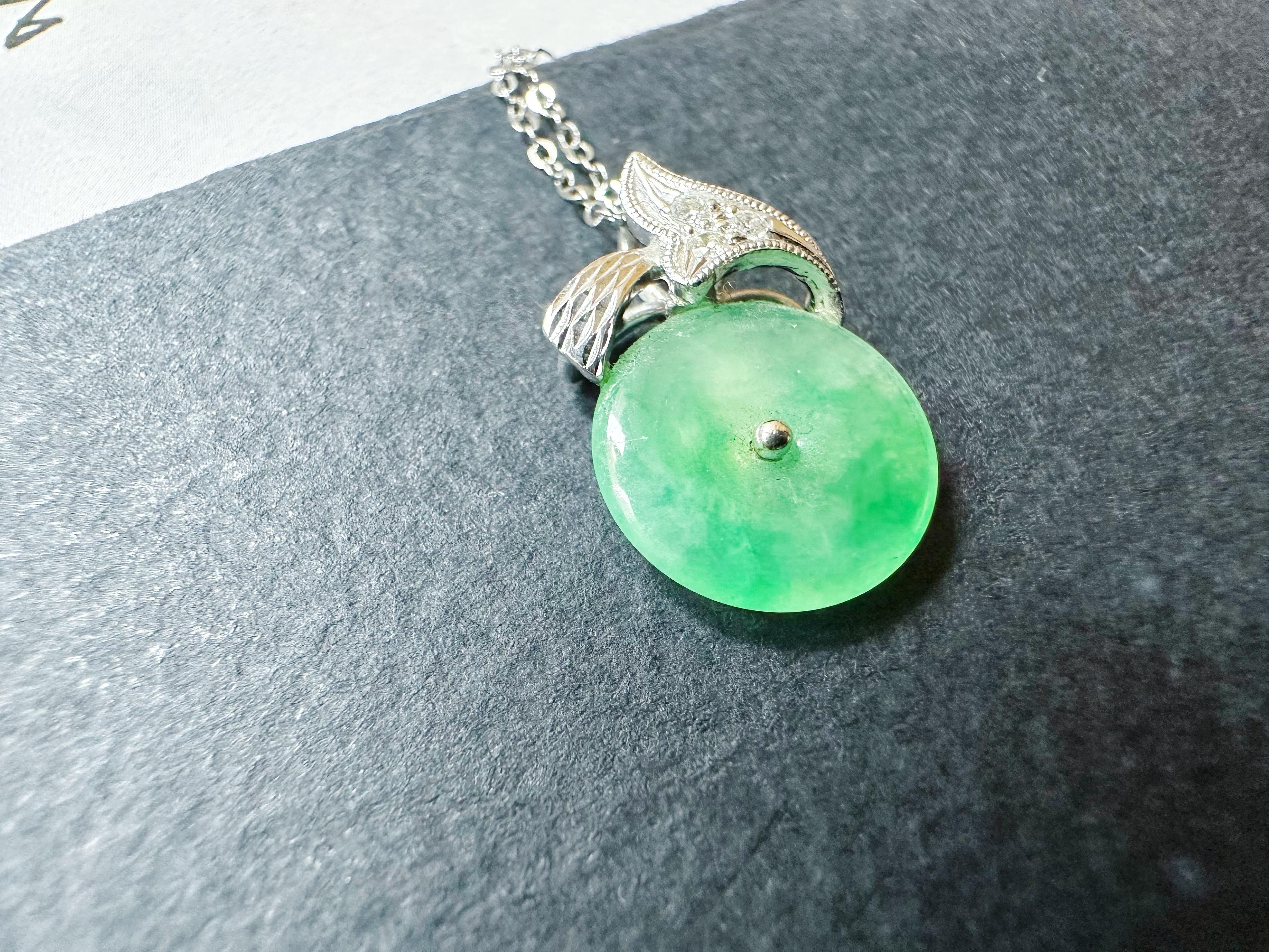 Natural Myanmar Icy Type Vivid Green Round Jade Pendant in 18K Gold & Diamond For Sale 7
