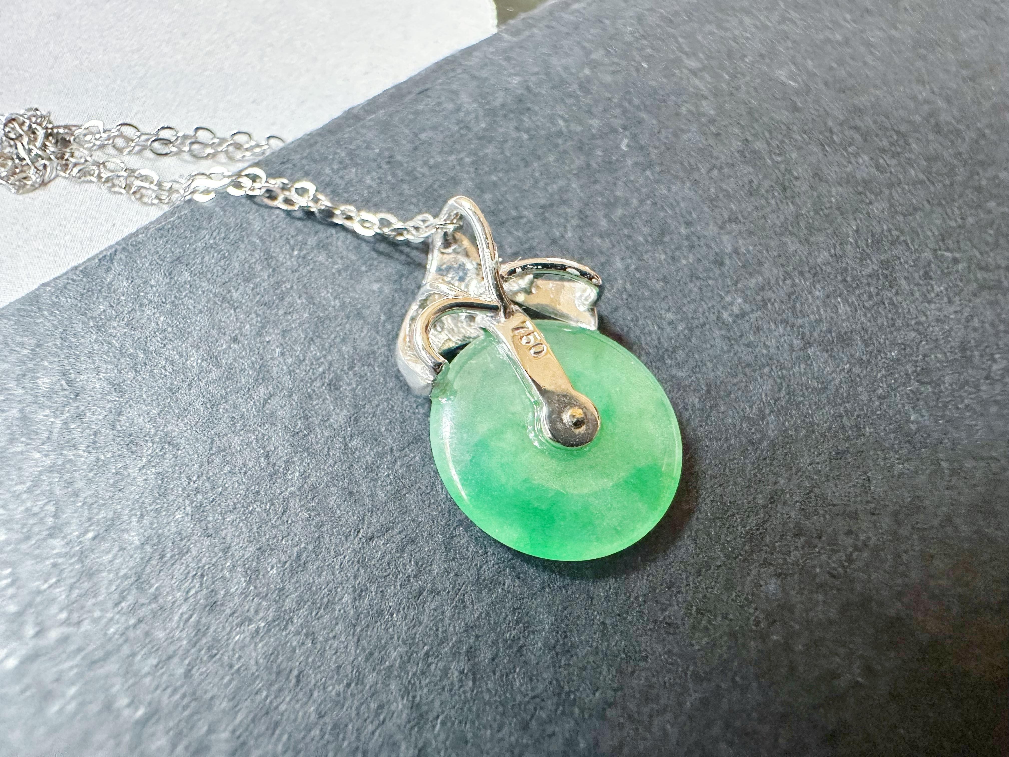 Natural Myanmar Icy Type Vivid Green Round Jade Pendant in 18K Gold & Diamond For Sale 8