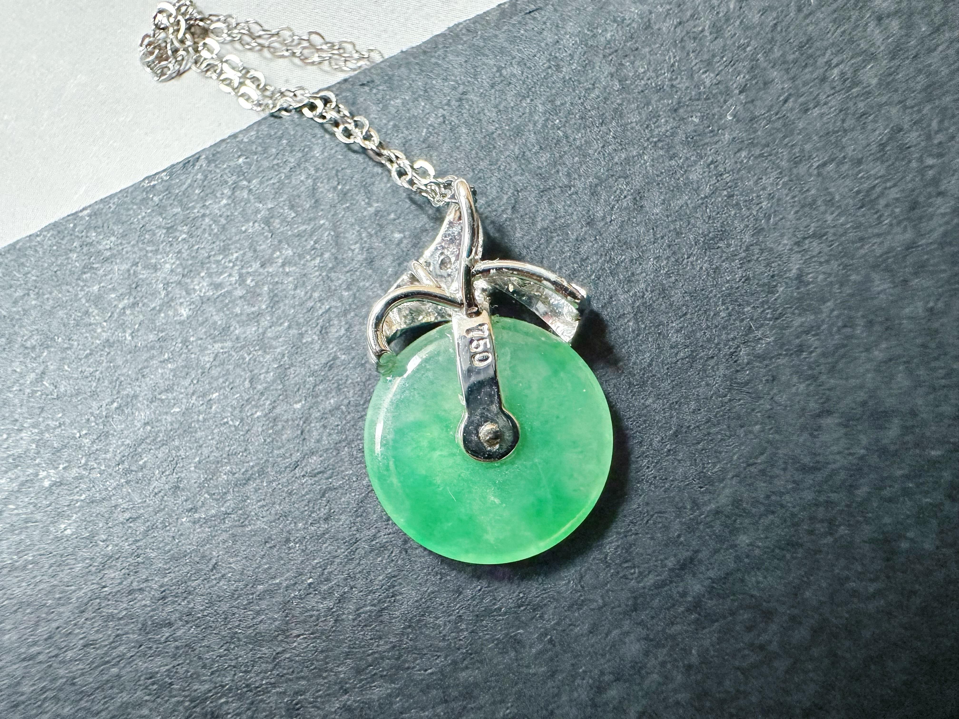 Natural Myanmar Icy Type Vivid Green Round Jade Pendant in 18K Gold & Diamond For Sale 9